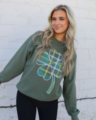 St. Patrick's Day Tartan Clover Green Thrifted Sweatshirt