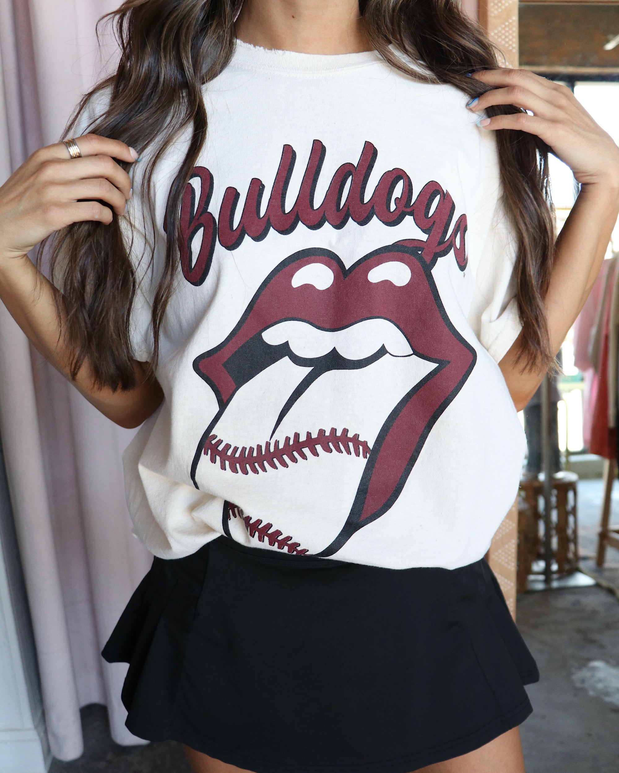 Rolling Stones MSU Bulldogs Baseball Lick Off White Thrifted Tee - shoplivylu