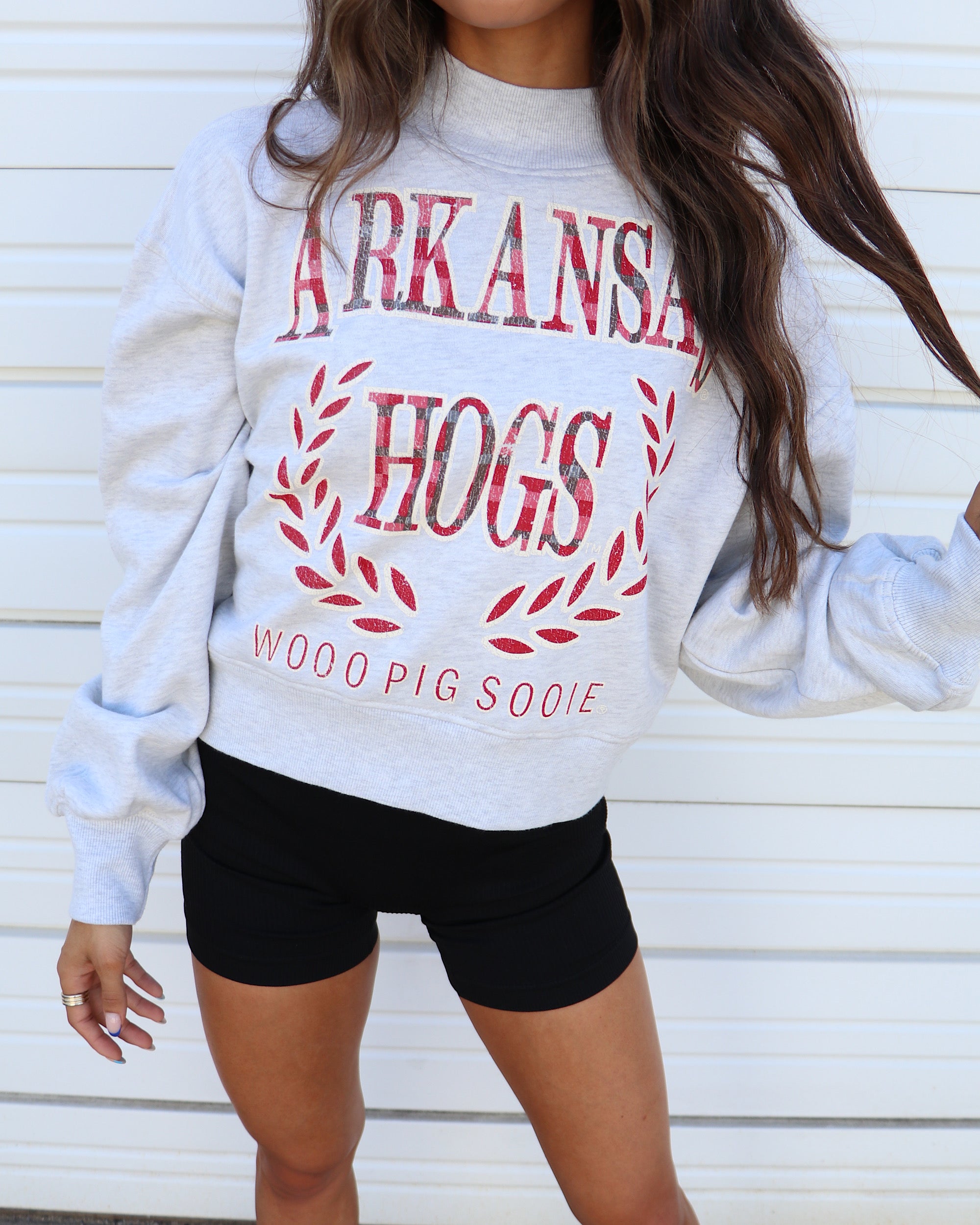 Arkansas Razorbacks Plaid Crest Gray Mock Neck Cropped Sweatshirt - shoplivylu