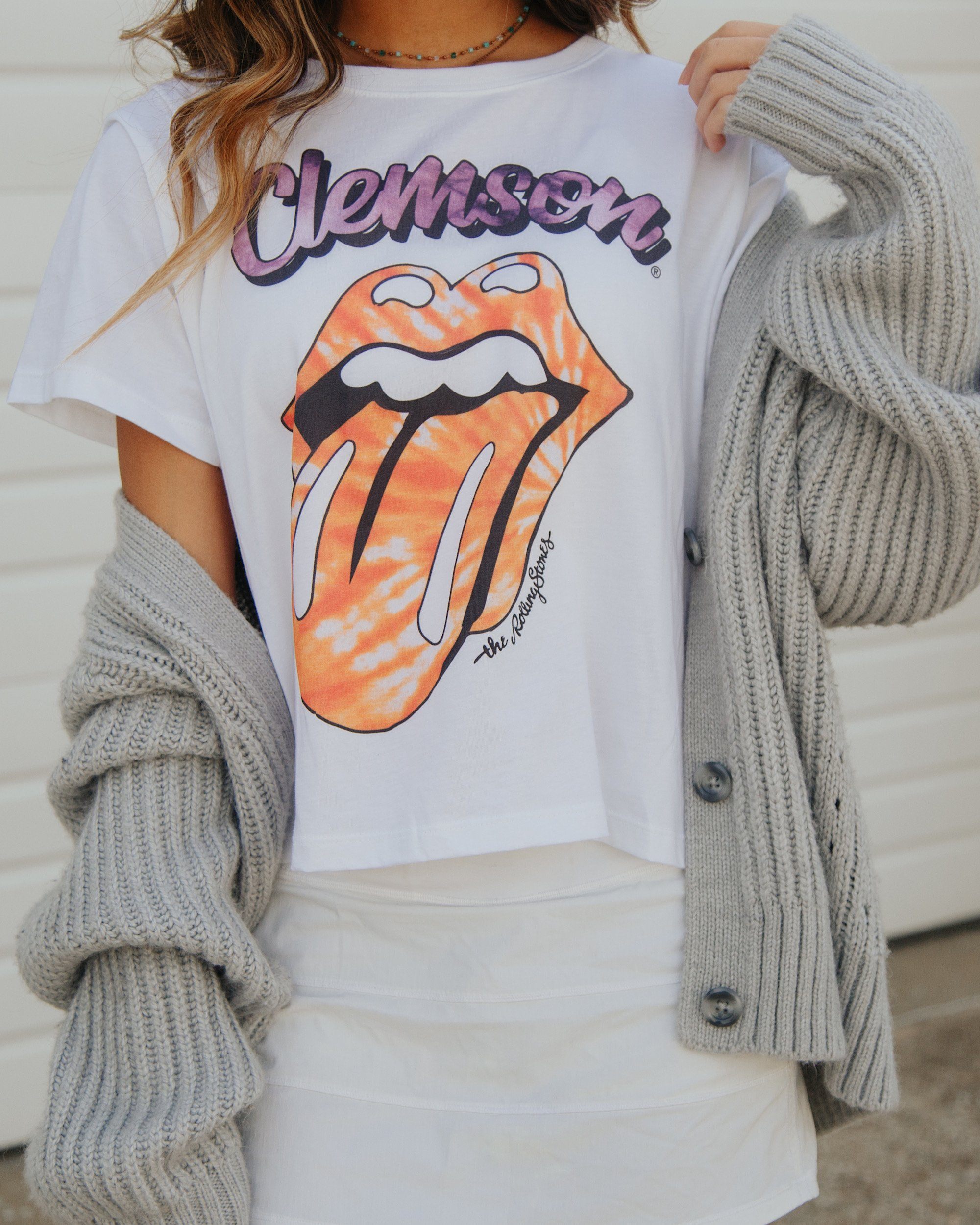 Rolling Stones Clemson Tigers Tie Dye Lick White Cropped Tee - shoplivylu