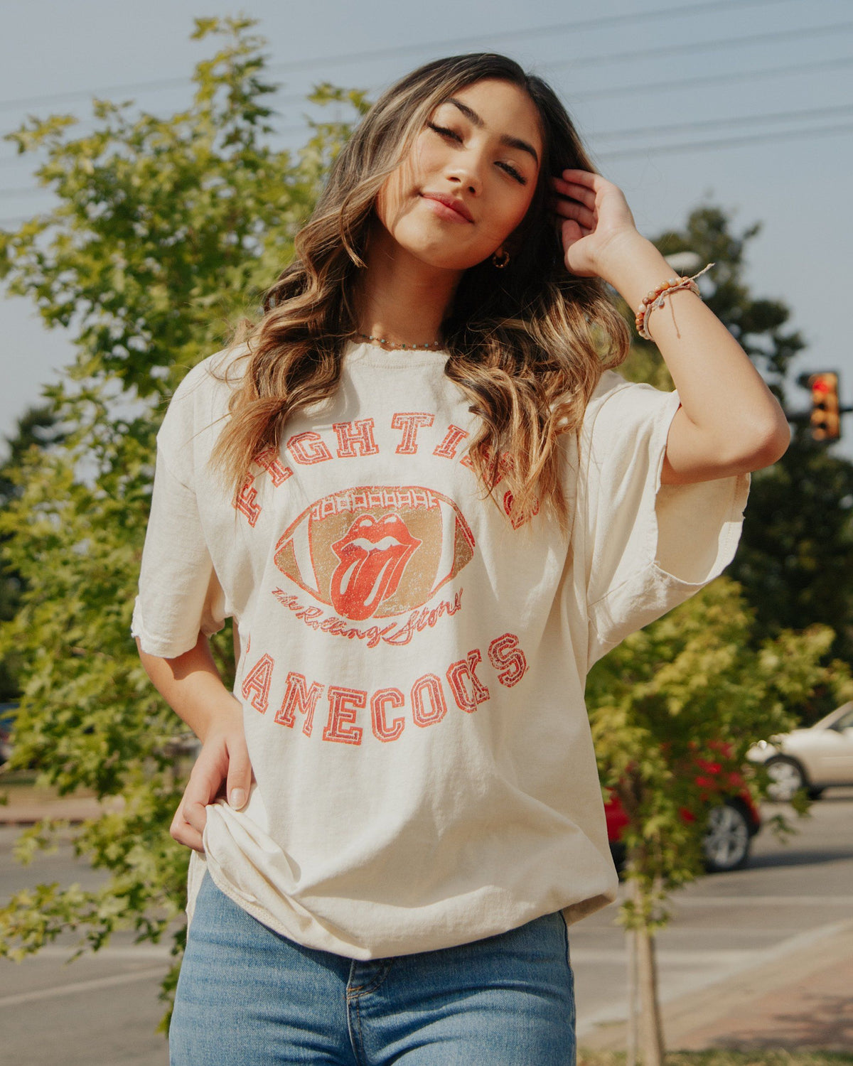 Rolling Stones Fighting Gamecocks Football Lick Off White Thrifted Tee - shoplivylu