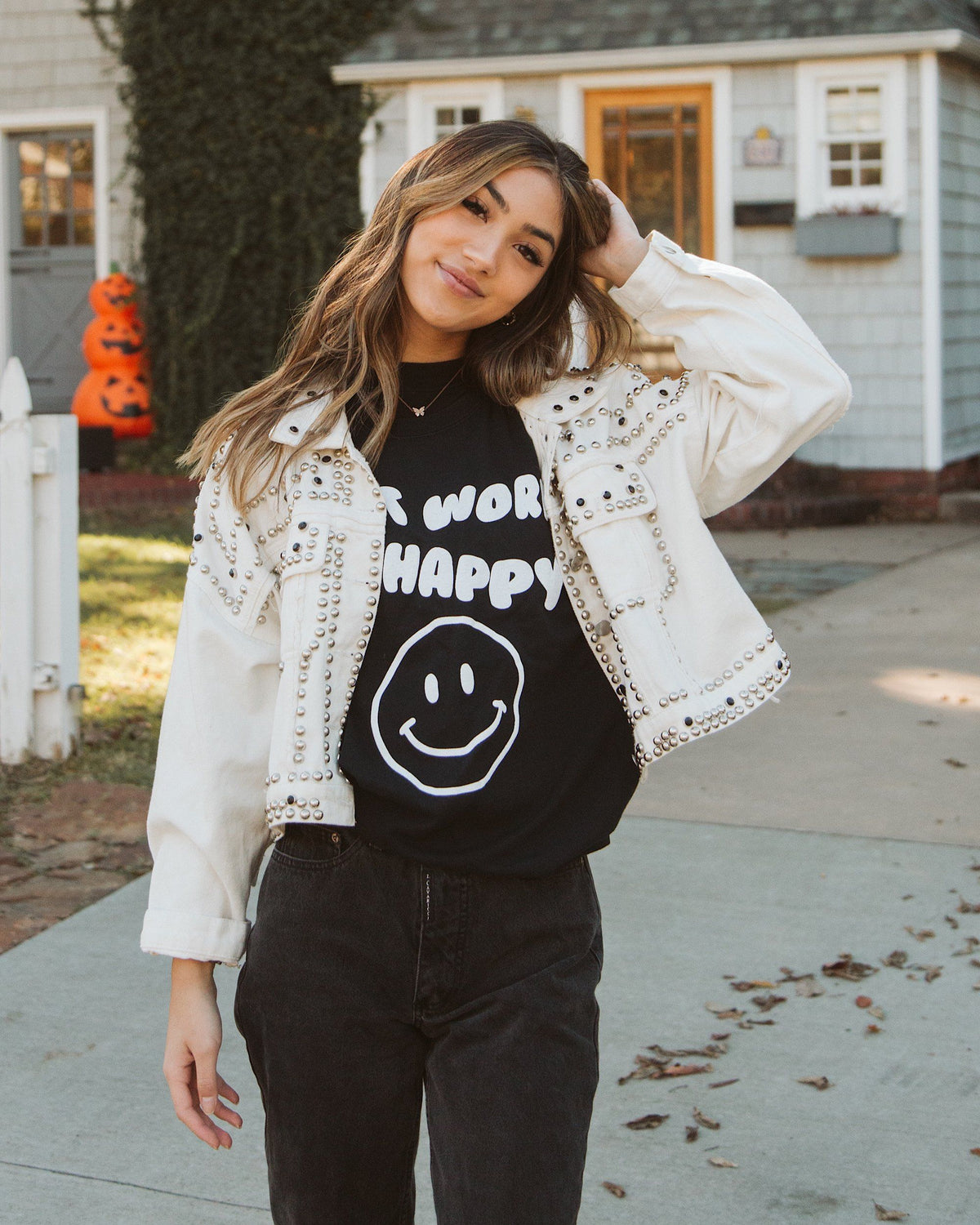 Don't Worry Be Happy Puff Ink Black Thrifted Tee - shoplivylu