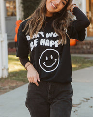 Don't Worry Be Happy Puff Ink Black Thrifted Tee - shoplivylu