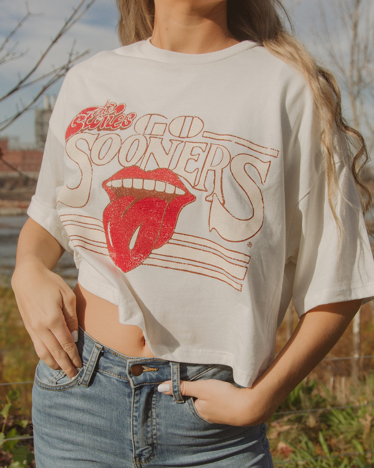 Rolling Stones OU Sooners Stoned White Cropped Tee - shoplivylu