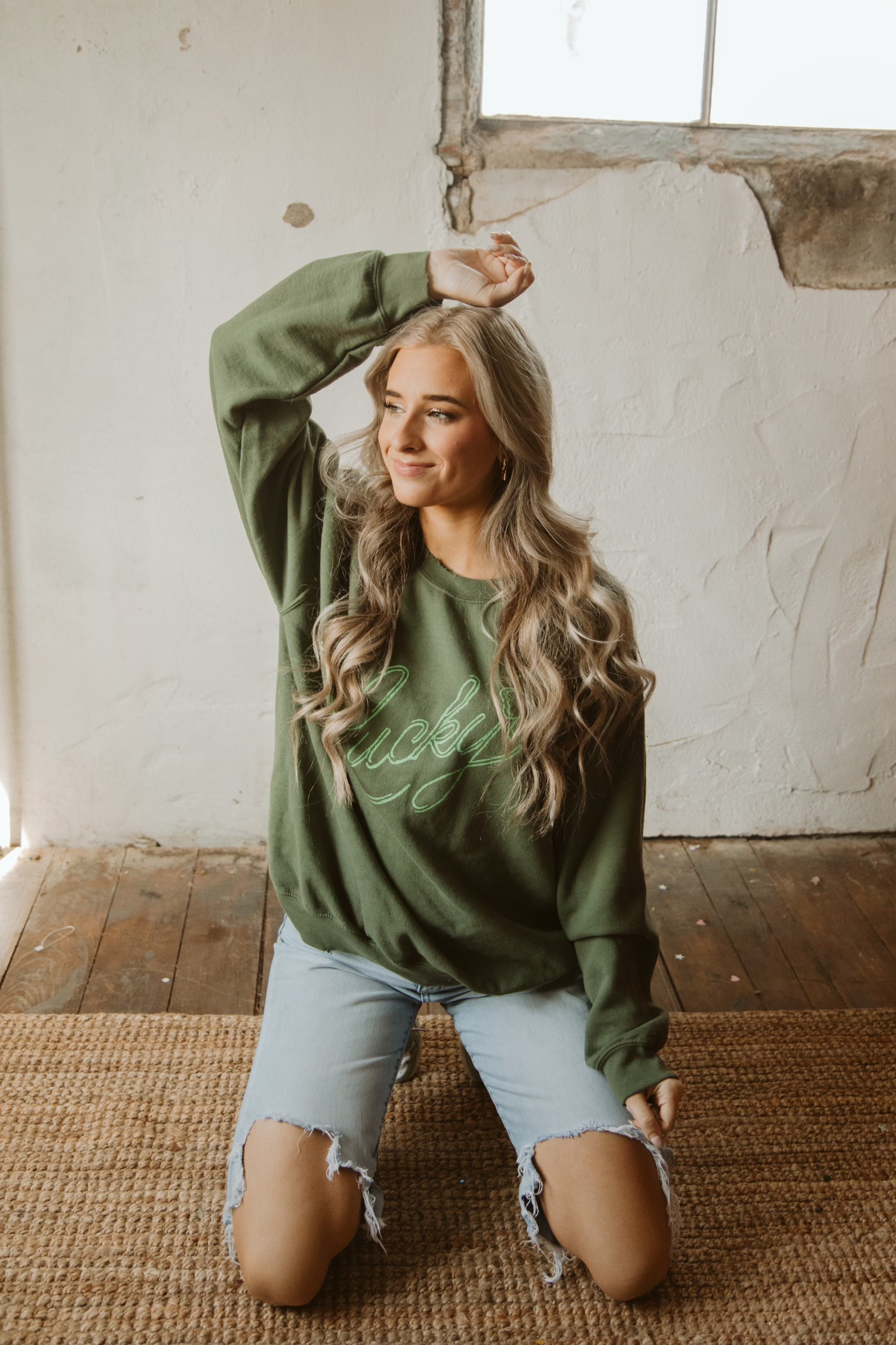 Lucky Military Green Thrifted Sweatshirt - shoplivylu