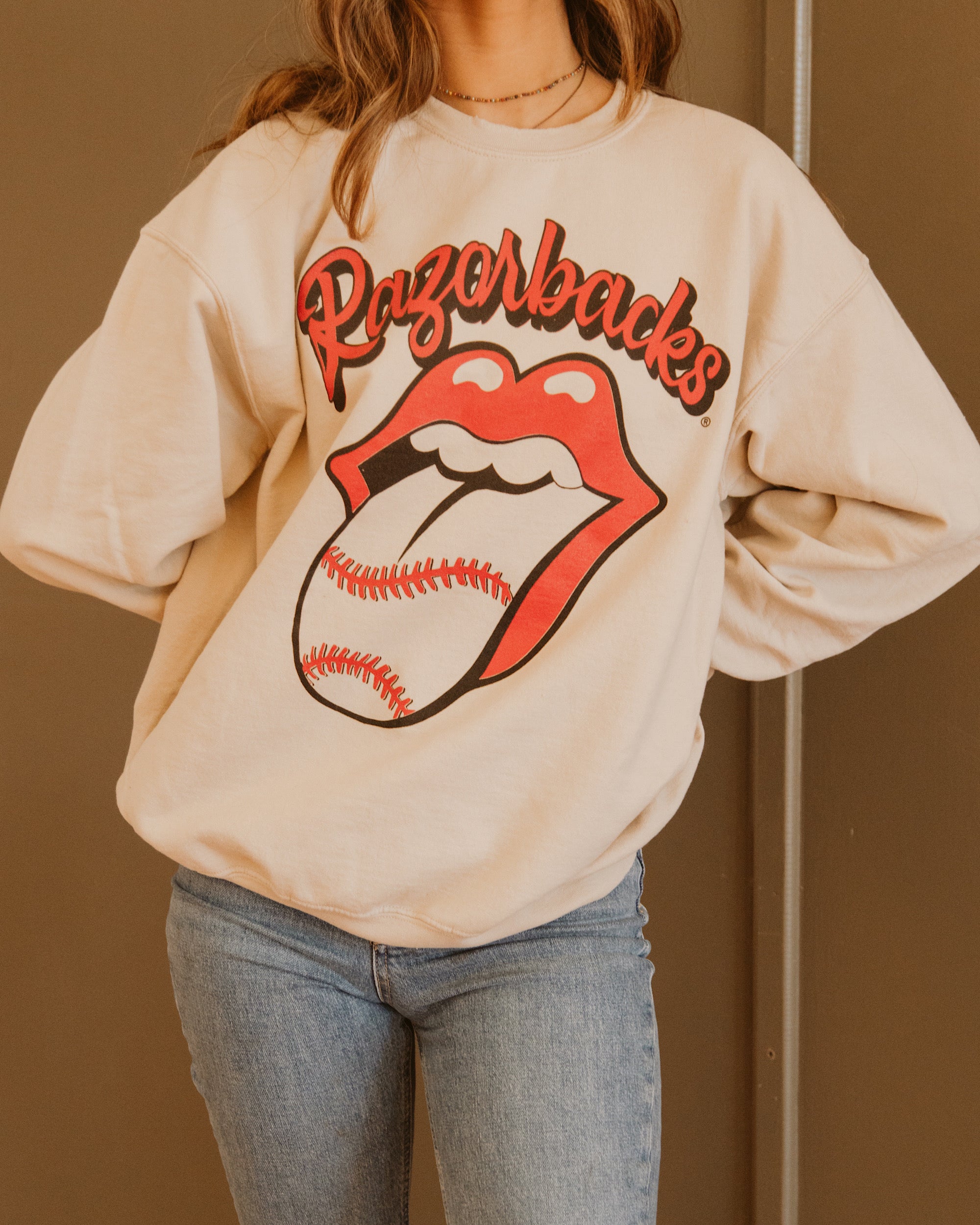 Rolling Stones Razorbacks Baseball Lick Sand Thrifted Sweatshirt - shoplivylu