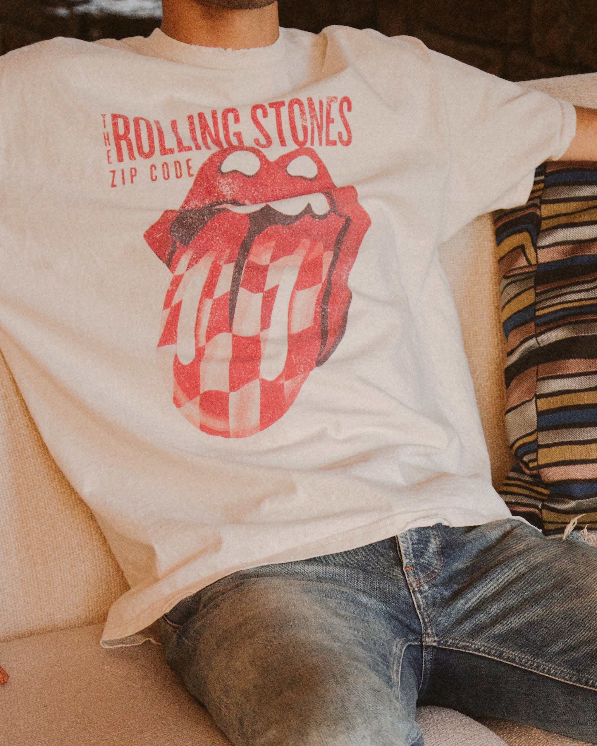 Rolling Stones Zip Code Off White Thrifted Distressed Tee - shoplivylu