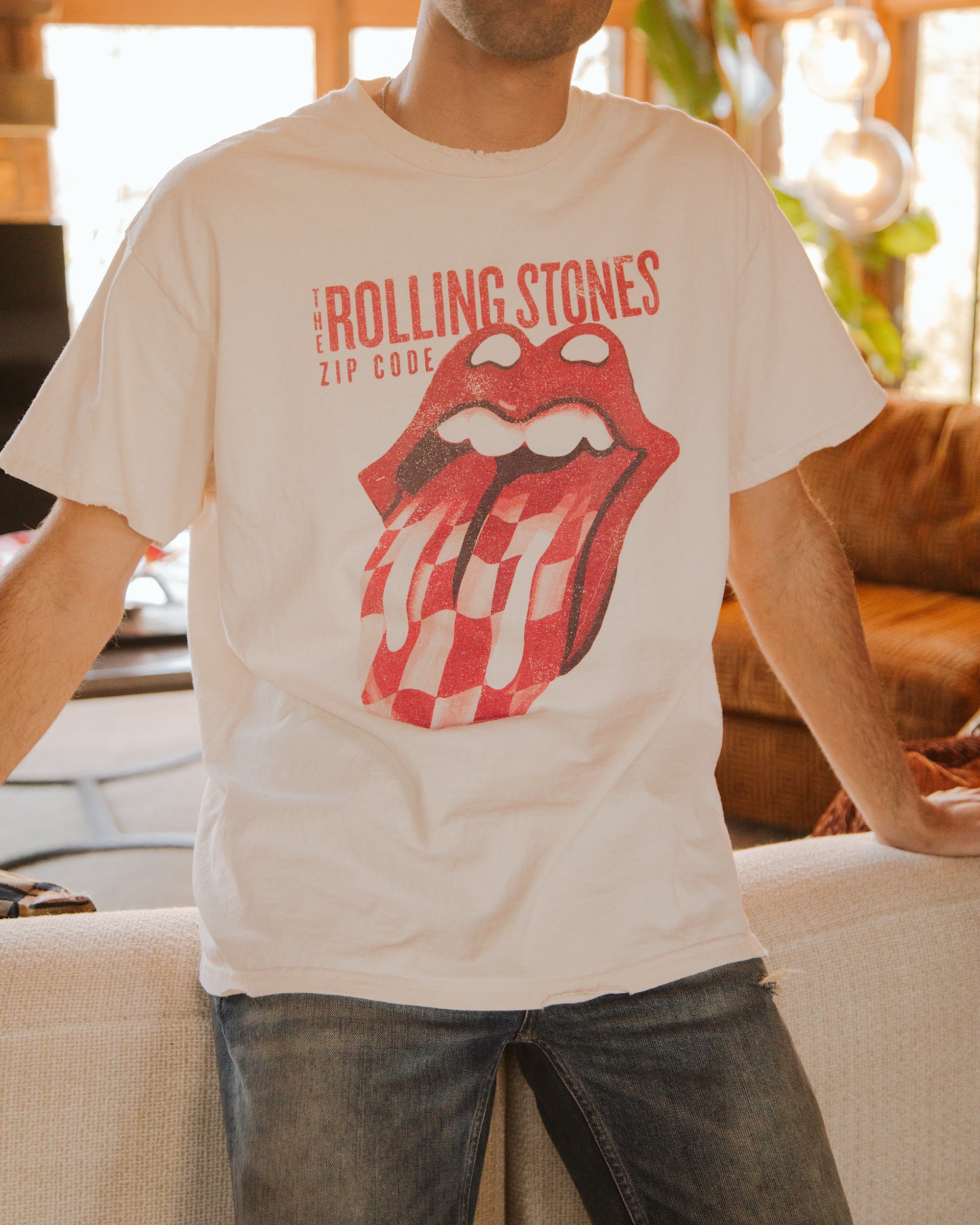 Rolling Stones Zip Code Off White Thrifted Distressed Tee - shoplivylu