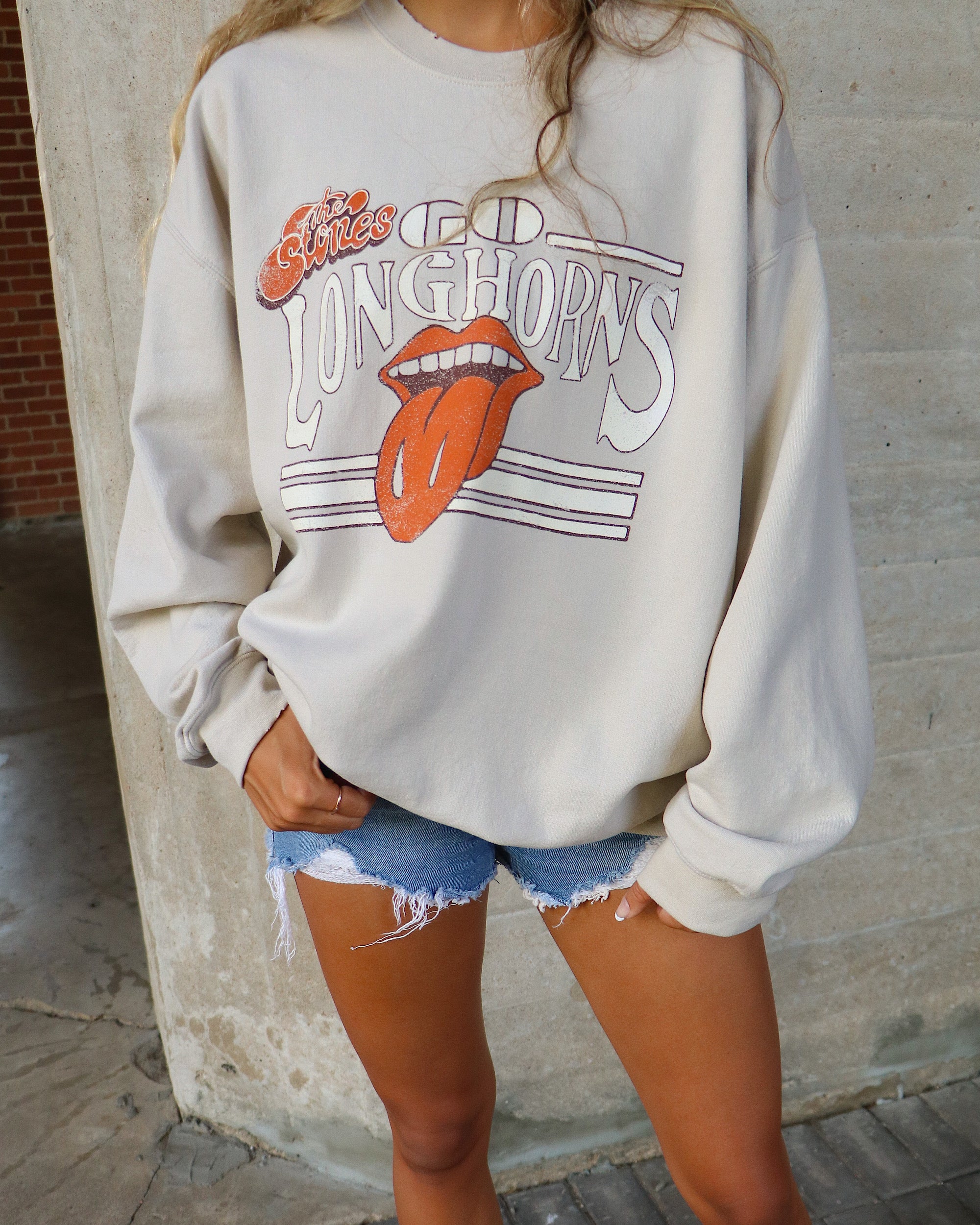 Rolling Stones Texas Longhorns Stoned Sand Thrifted Sweatshirt - shoplivylu