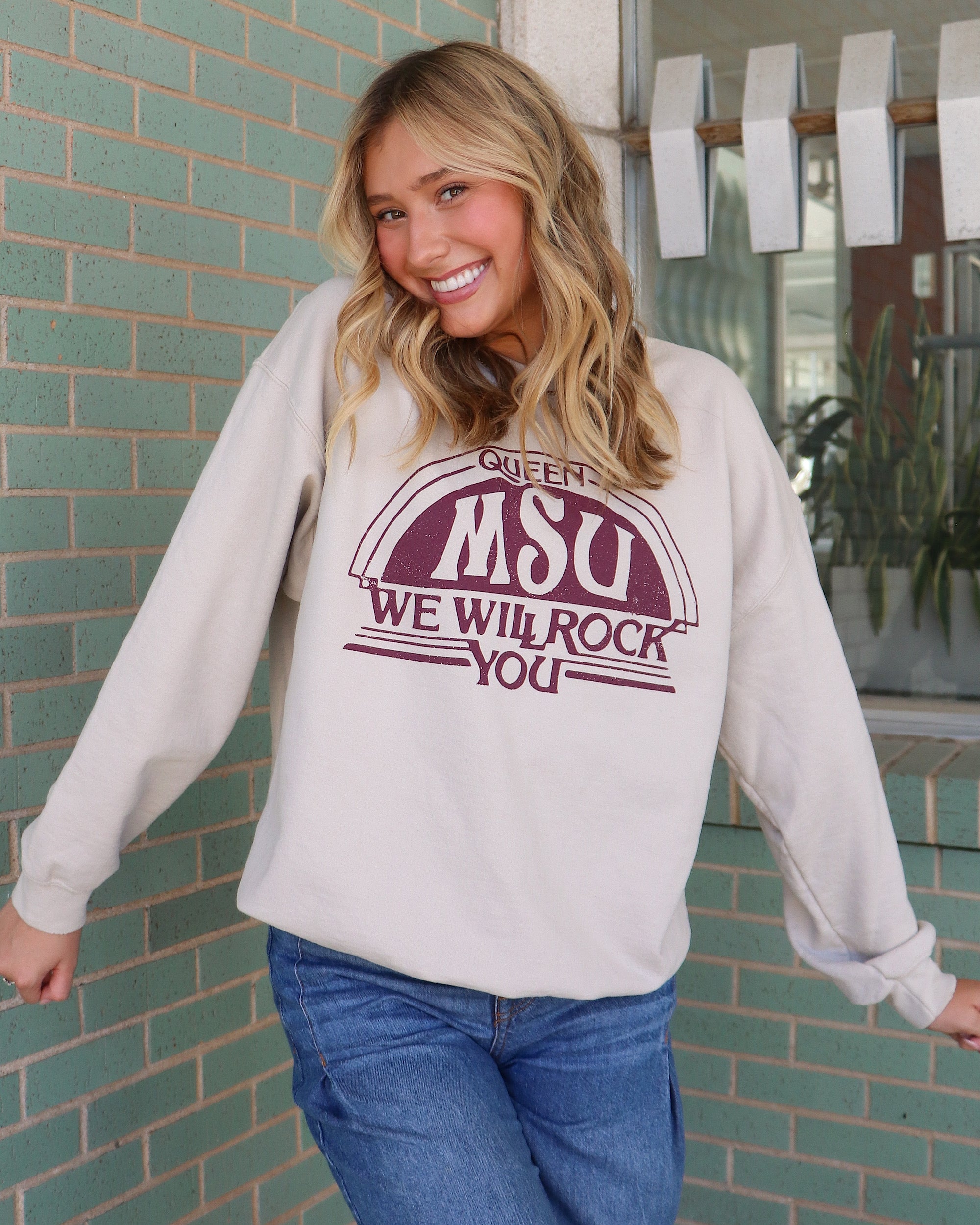 Queen MSU Bulldogs Will Rock You Sand Thrifted Sweatshirt - shoplivylu