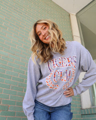 Clemson Tigers Plaid Crest Gray Thrifted Sweatshirt - shoplivylu