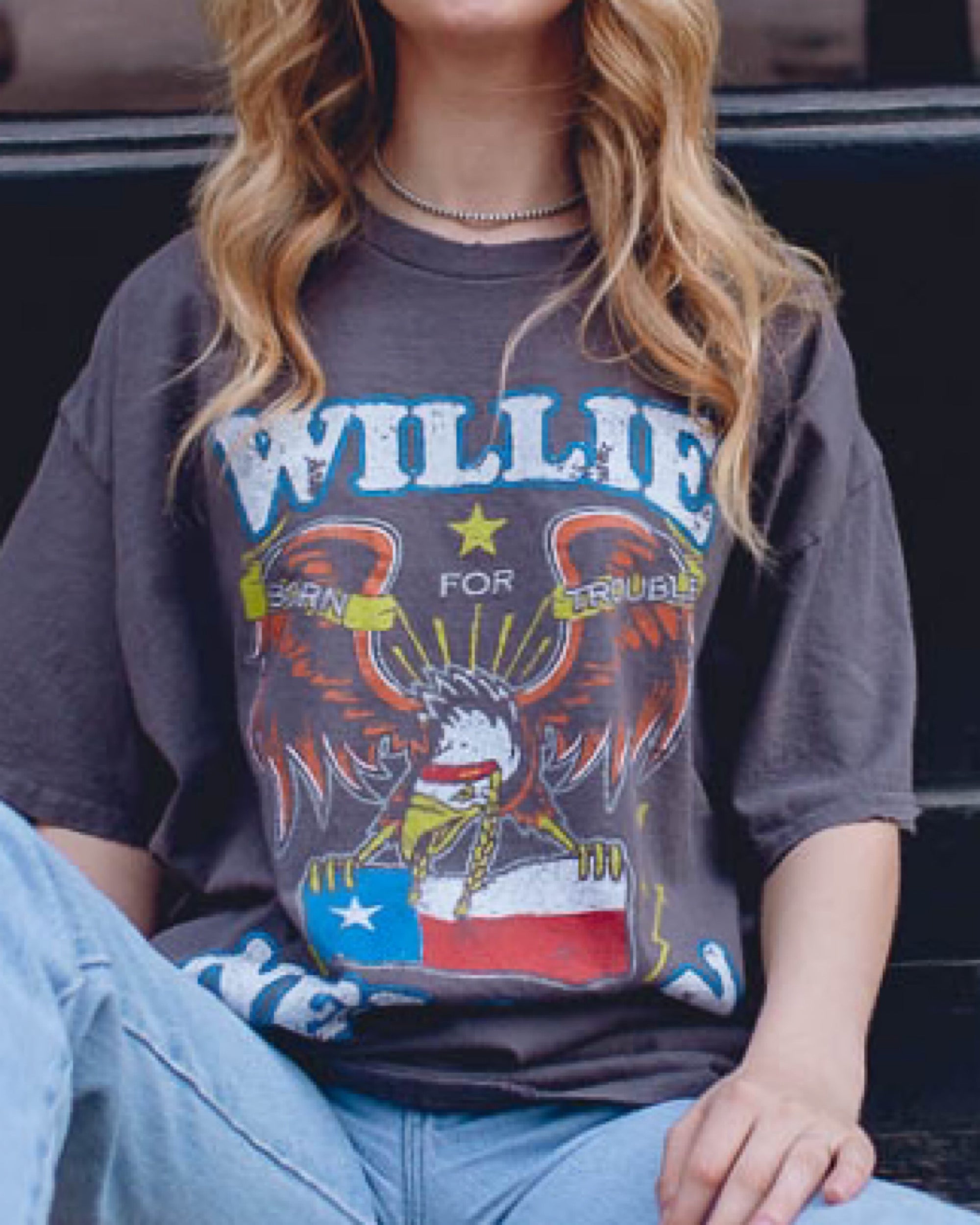 Willie Nelson Born For Trouble Dark Gray Thrifted Tee - shoplivylu