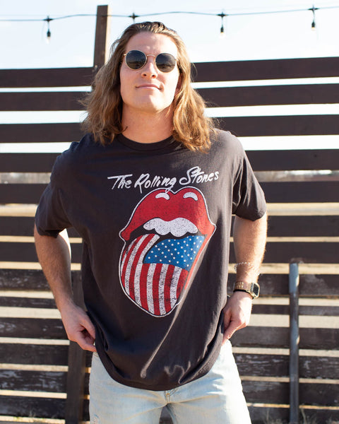 Tシャツ・カットソー [ROCK AMERICA] ROCK T SHIRTS (ROLLING STONES) Rolling Stones USA Flag Lick Black Tee – shoplivylu
