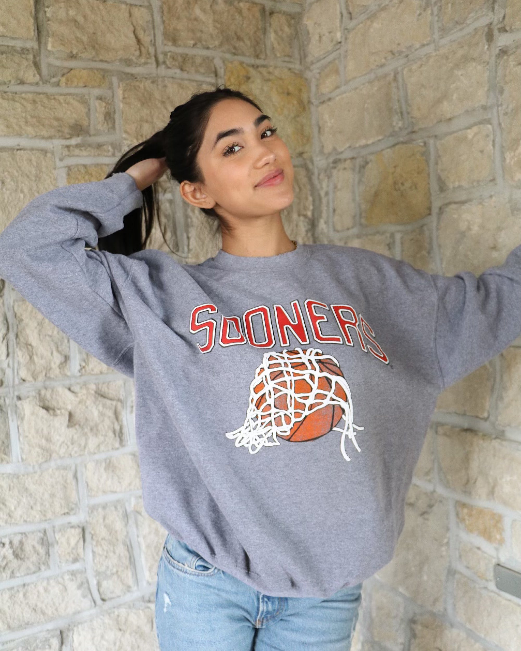 Sooners Basketball Fling Puff Ink Gray Thrifted Sweatshirt - shoplivylu