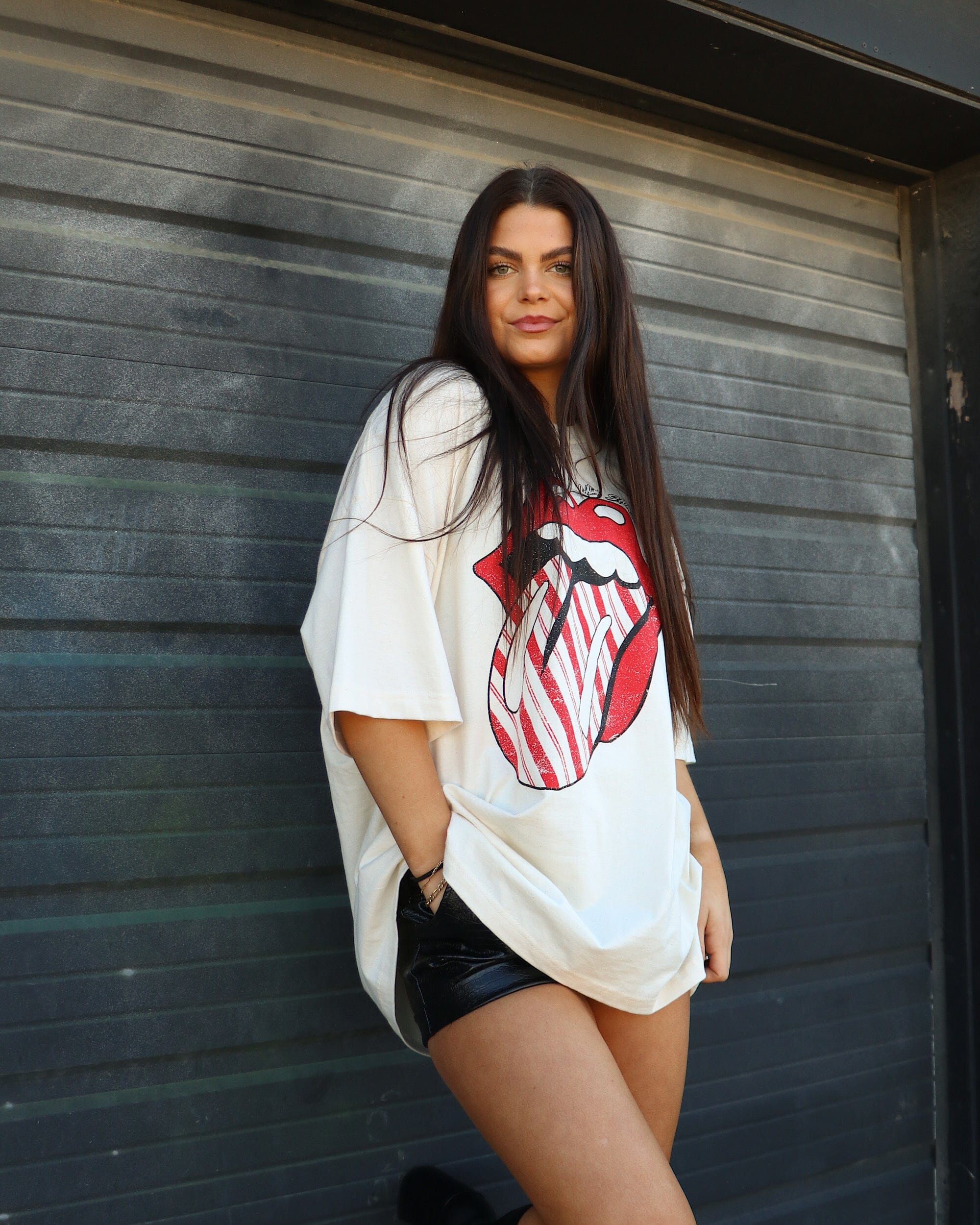 Rolling Stones Candy Cane Lick Off White Oversized Tee - shoplivylu