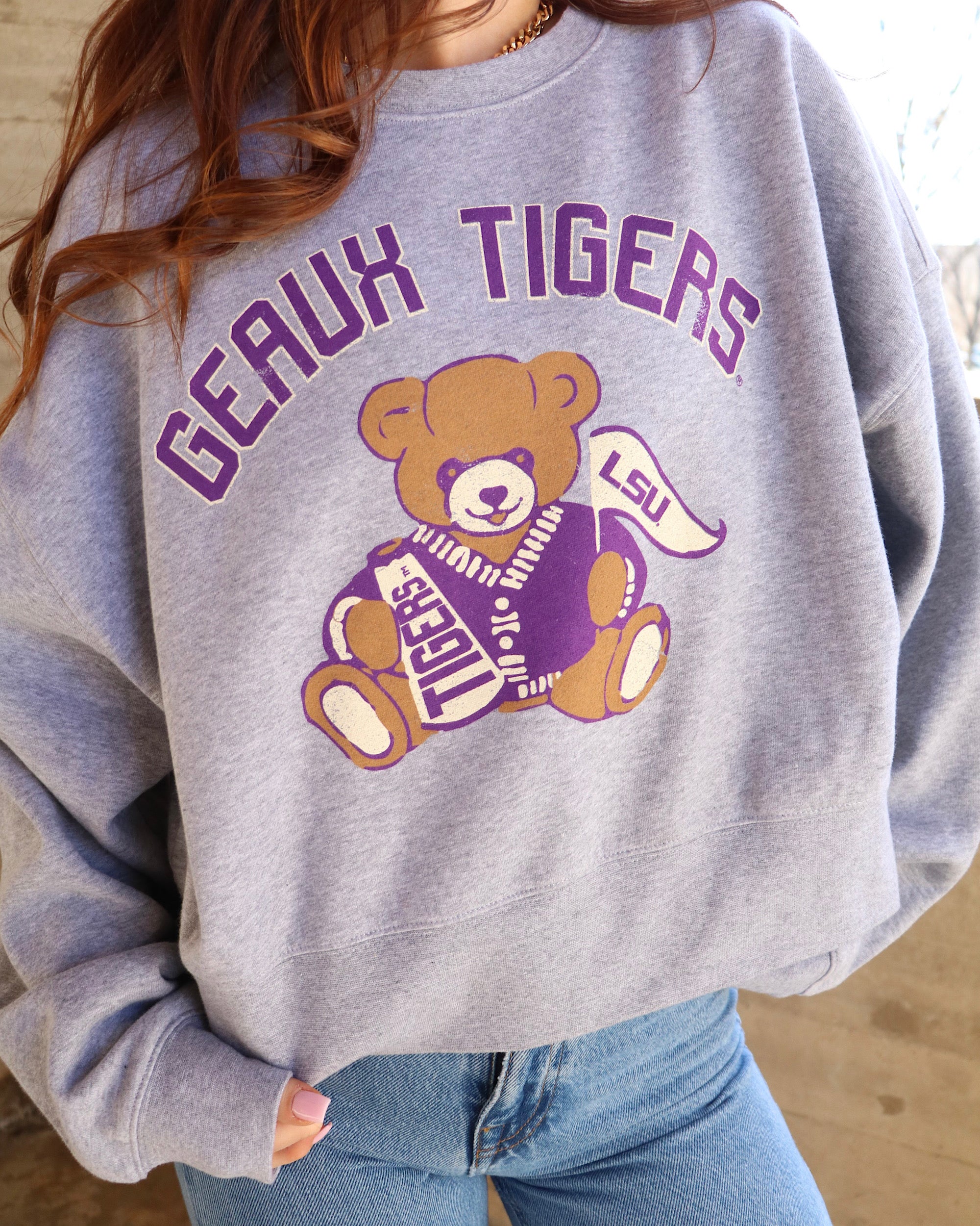 LSU Tigers Bear Gray Oversized Crew Sweatshirt - shoplivylu
