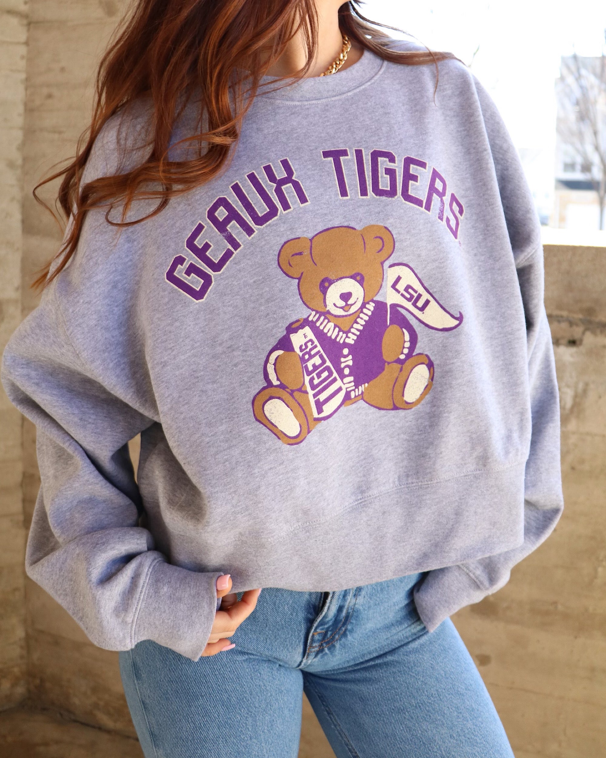 LSU Tigers Bear Gray Oversized Crew Sweatshirt - shoplivylu