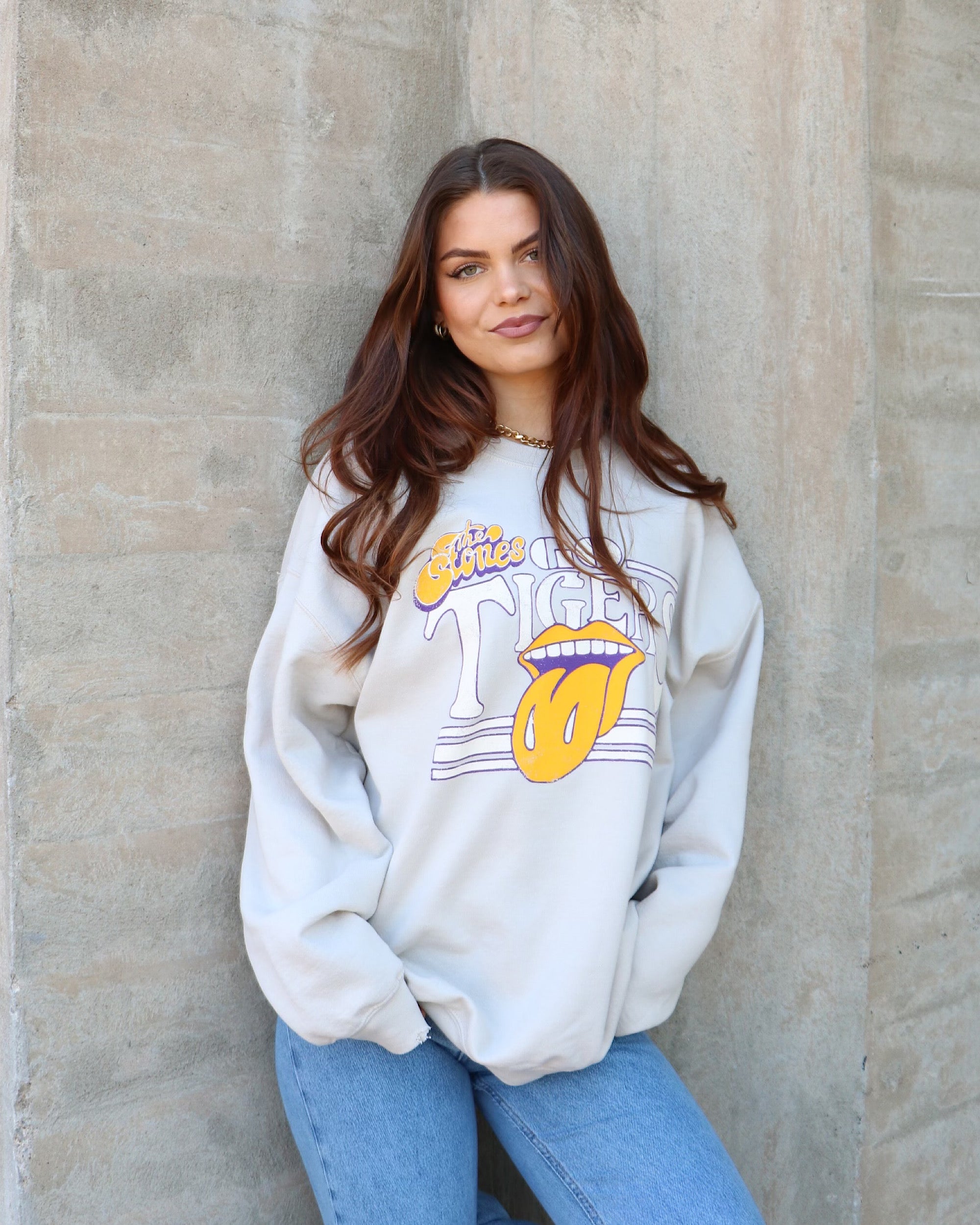 Rolling Stones LSU Tigers Stoned Sand Thrifted Sweatshirt - shoplivylu