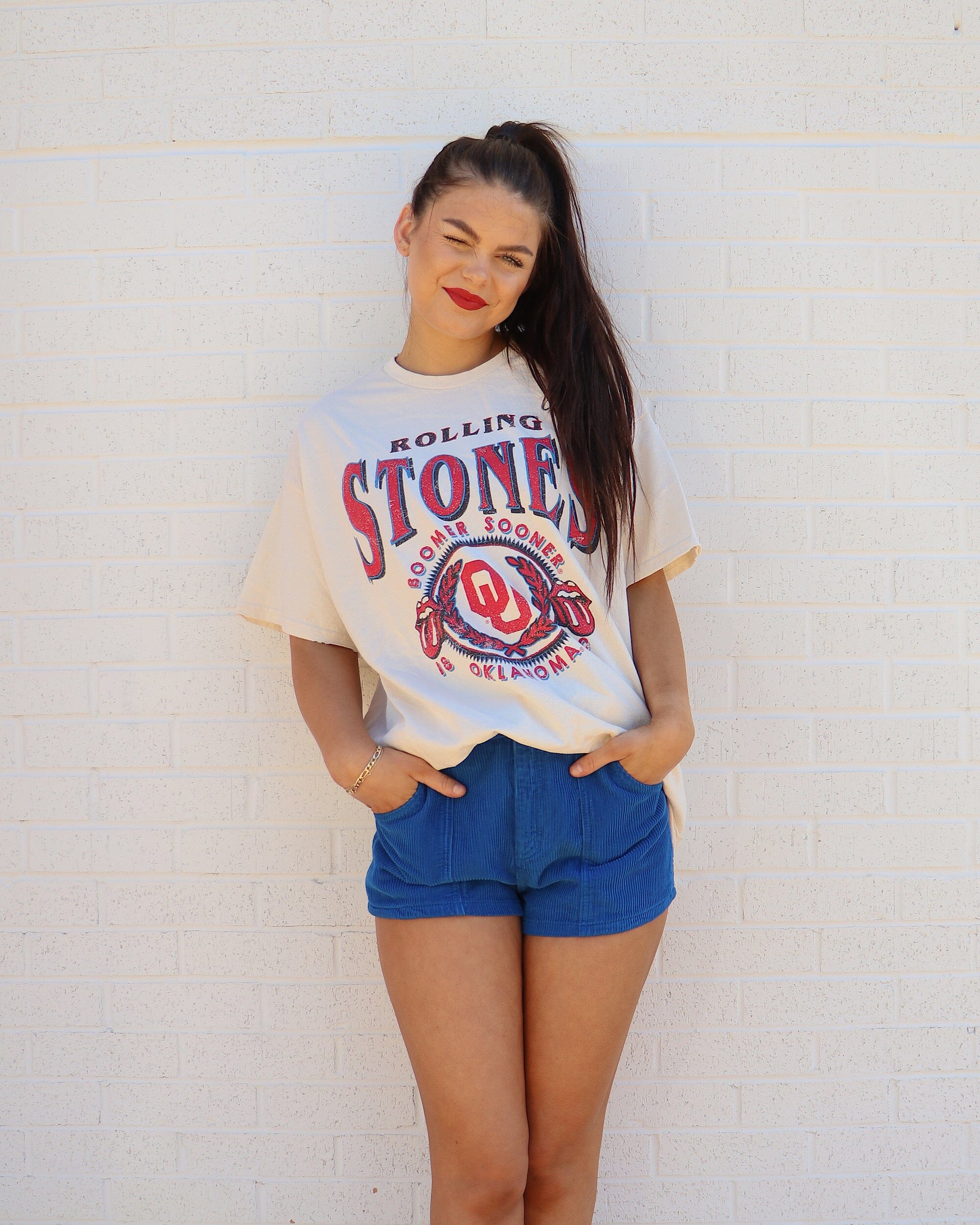 Rolling Stones OU College Seal Off White Thrifted Tee - shoplivylu