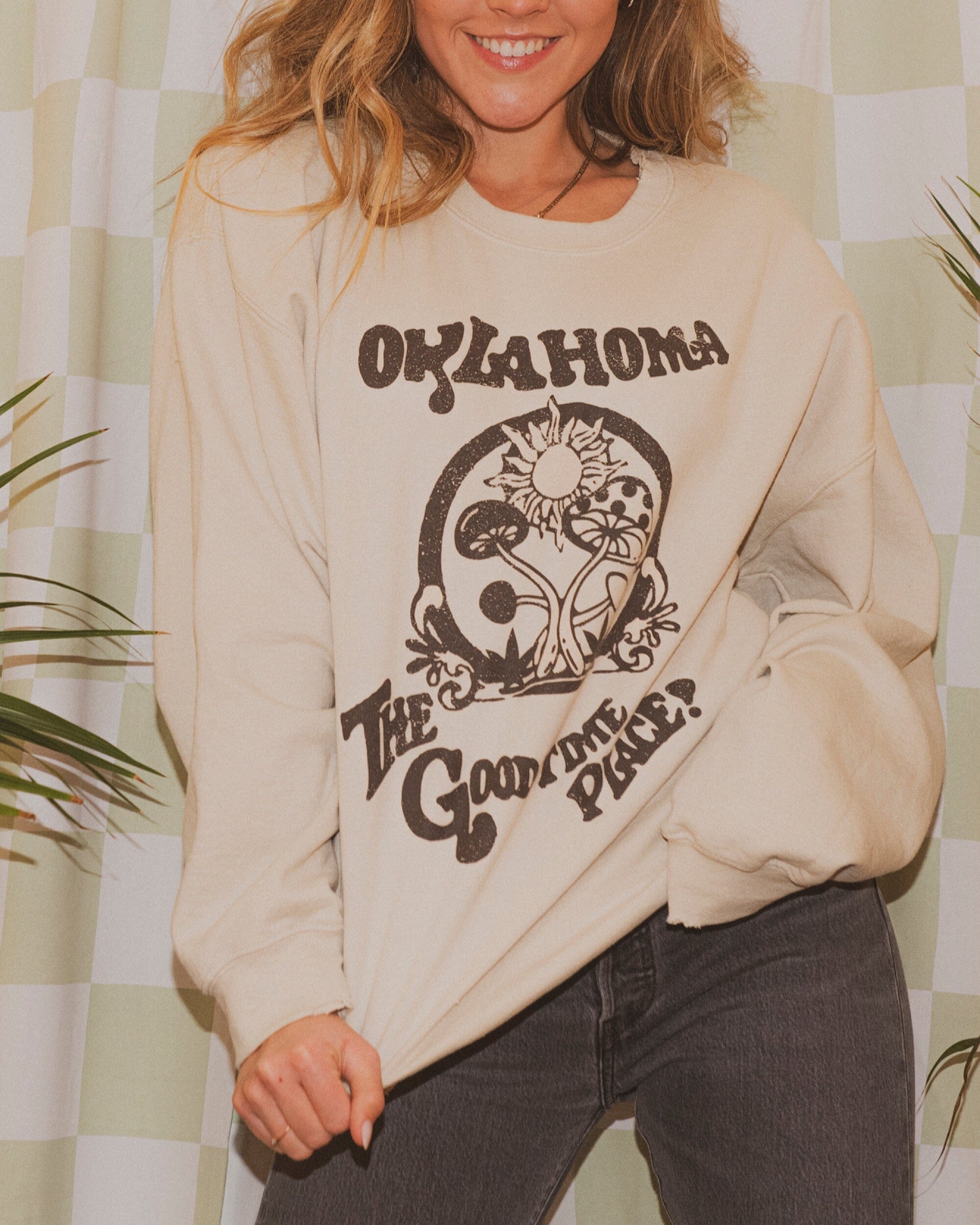 Oklahoma The Good Time Place Sand Thrifted Sweatshirt - shoplivylu
