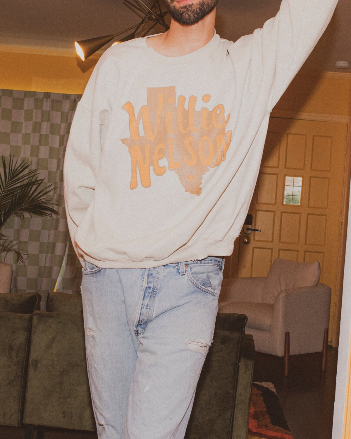 Willie Nelson Orange Texas Sand Thrifted Sweatshirt - shoplivylu