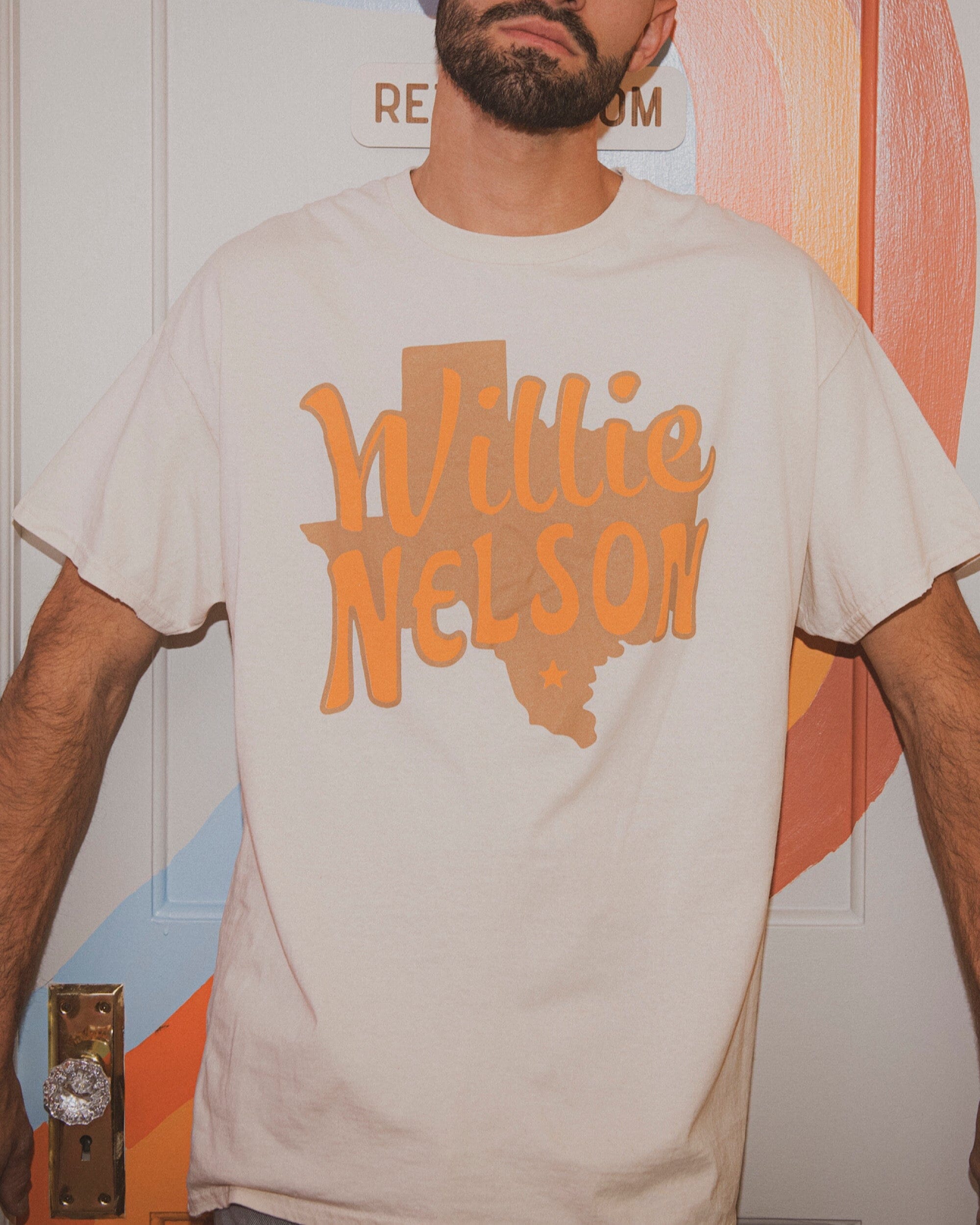 Willie Nelson Orange Texas Off White Thrifted Tee - shoplivylu