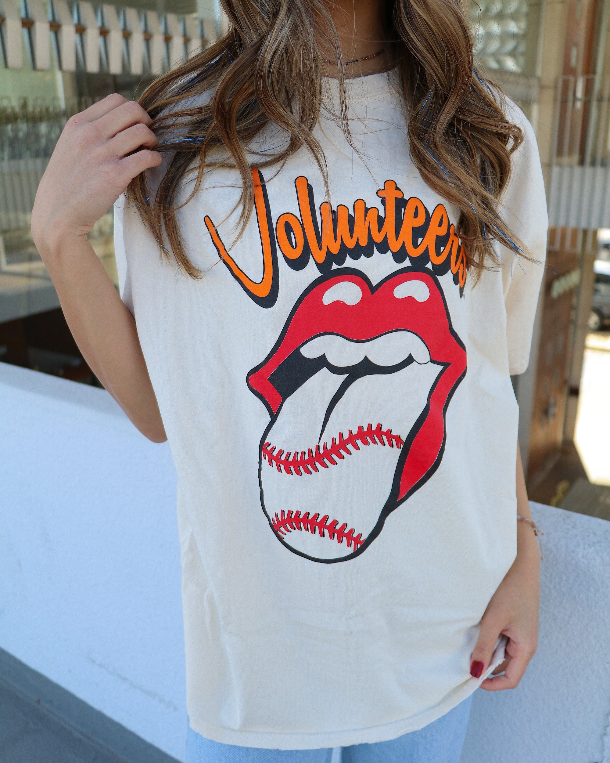 Rolling Stones Volunteers Baseball Lick Off White Thrifted Tee - shoplivylu