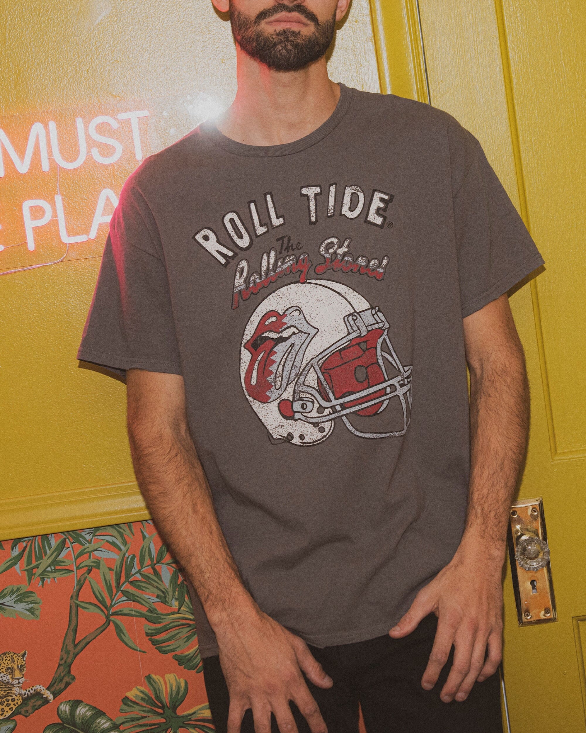 Rolling Stones University of Alabama Helmet Lick Charcoal Thrifted Tee - shoplivylu