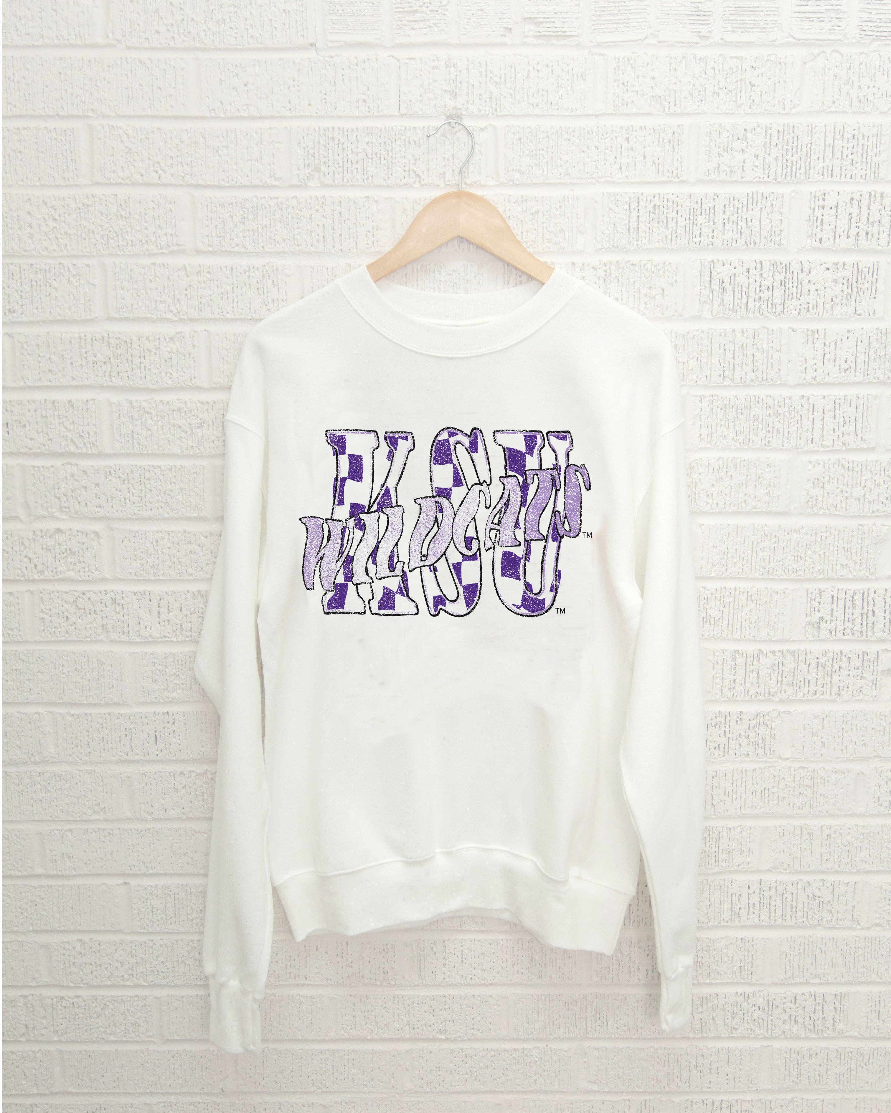 KSU Wildcats Twisted Check White Thrifted Sweatshirt - shoplivylu