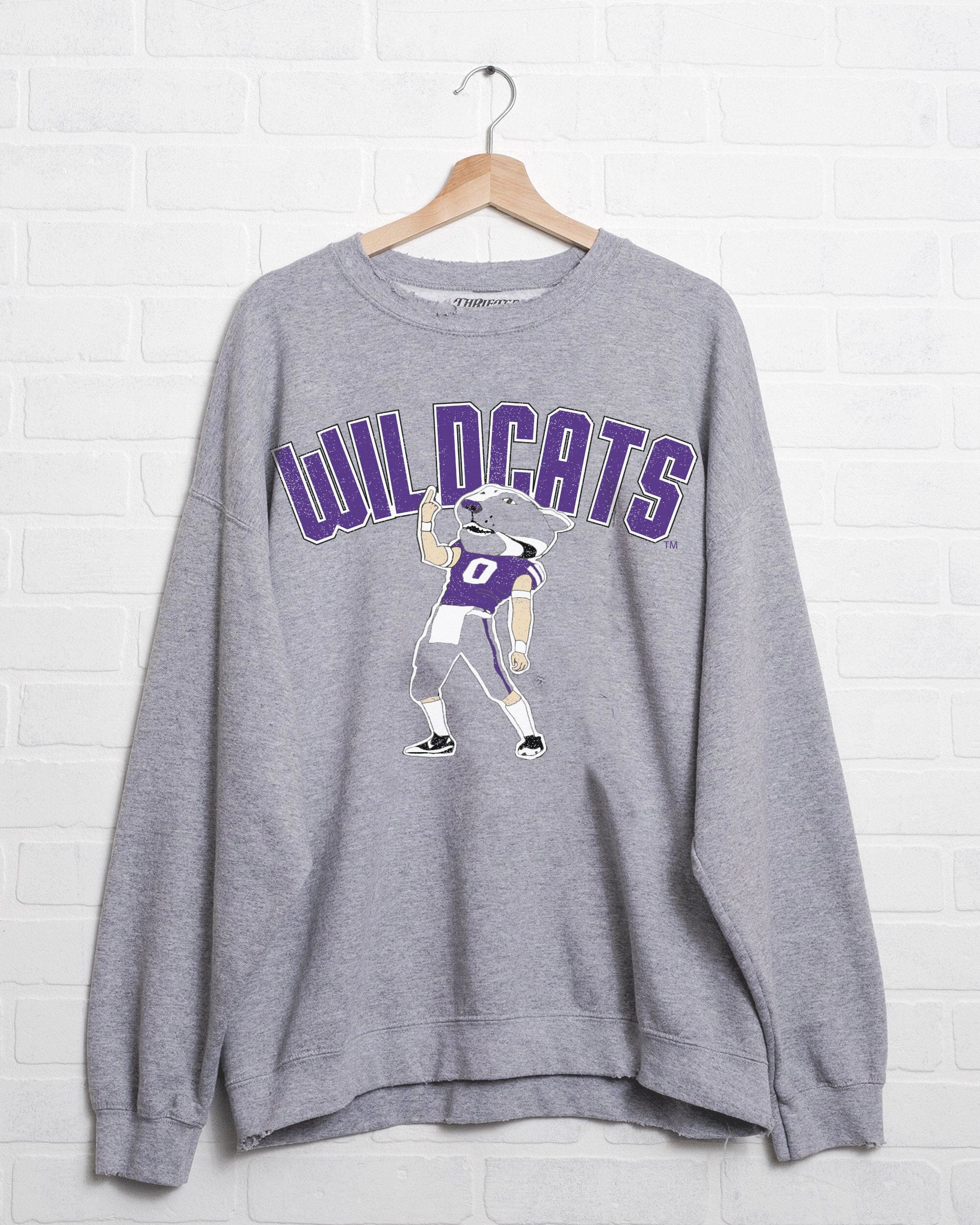 KSU Wildcats Cartoon Mascot Puff Ink Gray Thrifted Sweatshirt