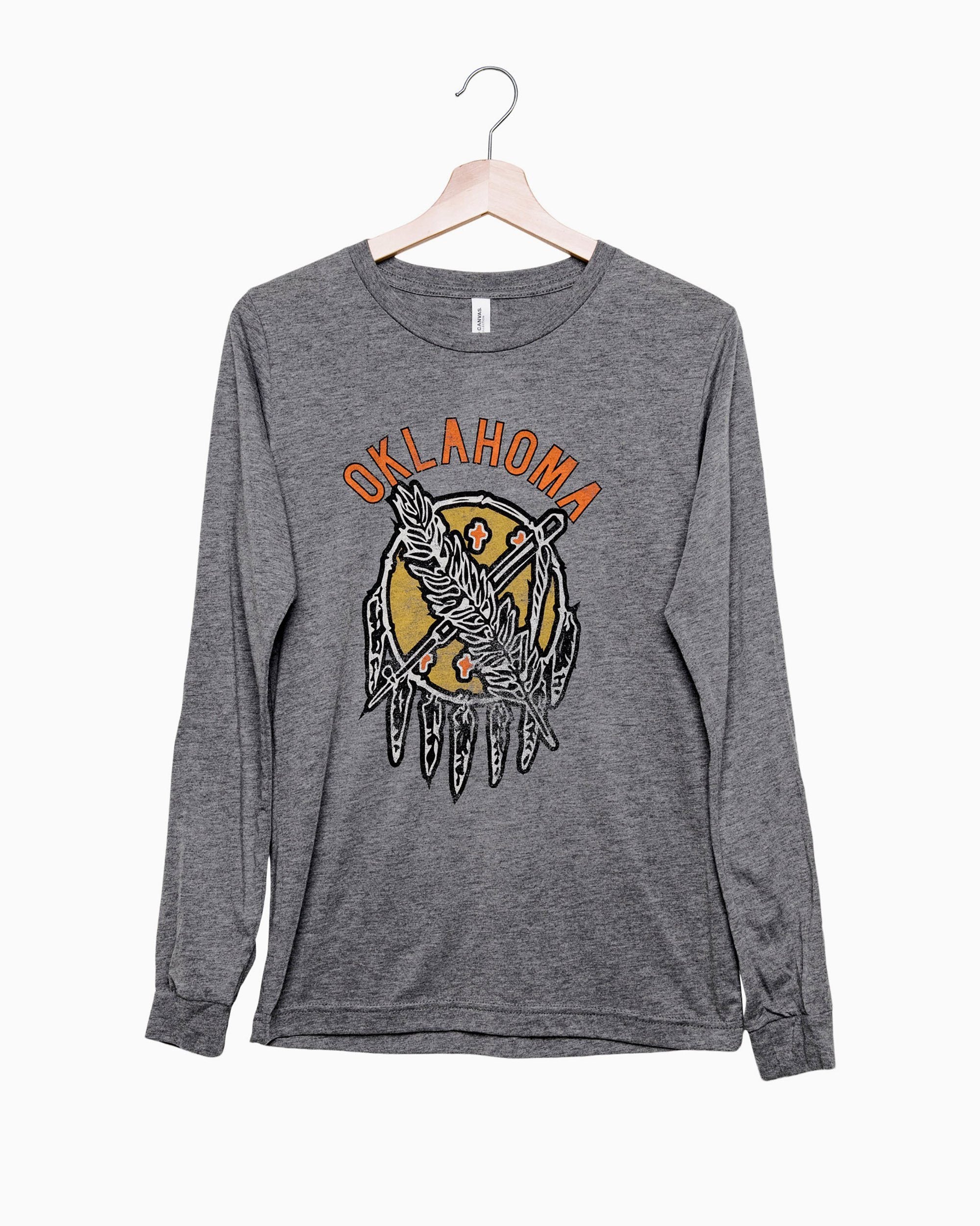 Oklahoma Sticker Shield Gray Long Sleeve Tee - shoplivylu