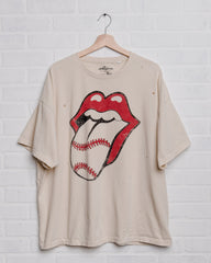 Rolling Stones Baseball Lick Off White Oversized Distressed Tee - shoplivylu