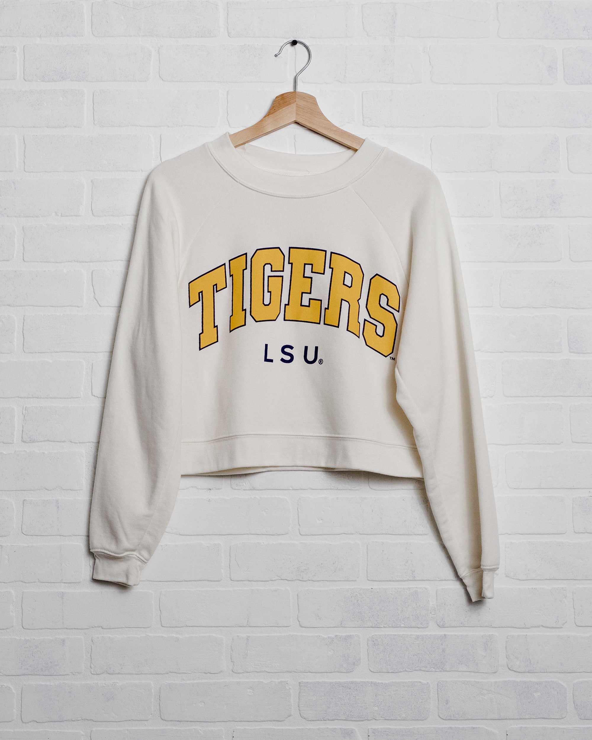 LSU Tigers Filled Gault Off White Cropped Raglan Sweatshirt - shoplivylu