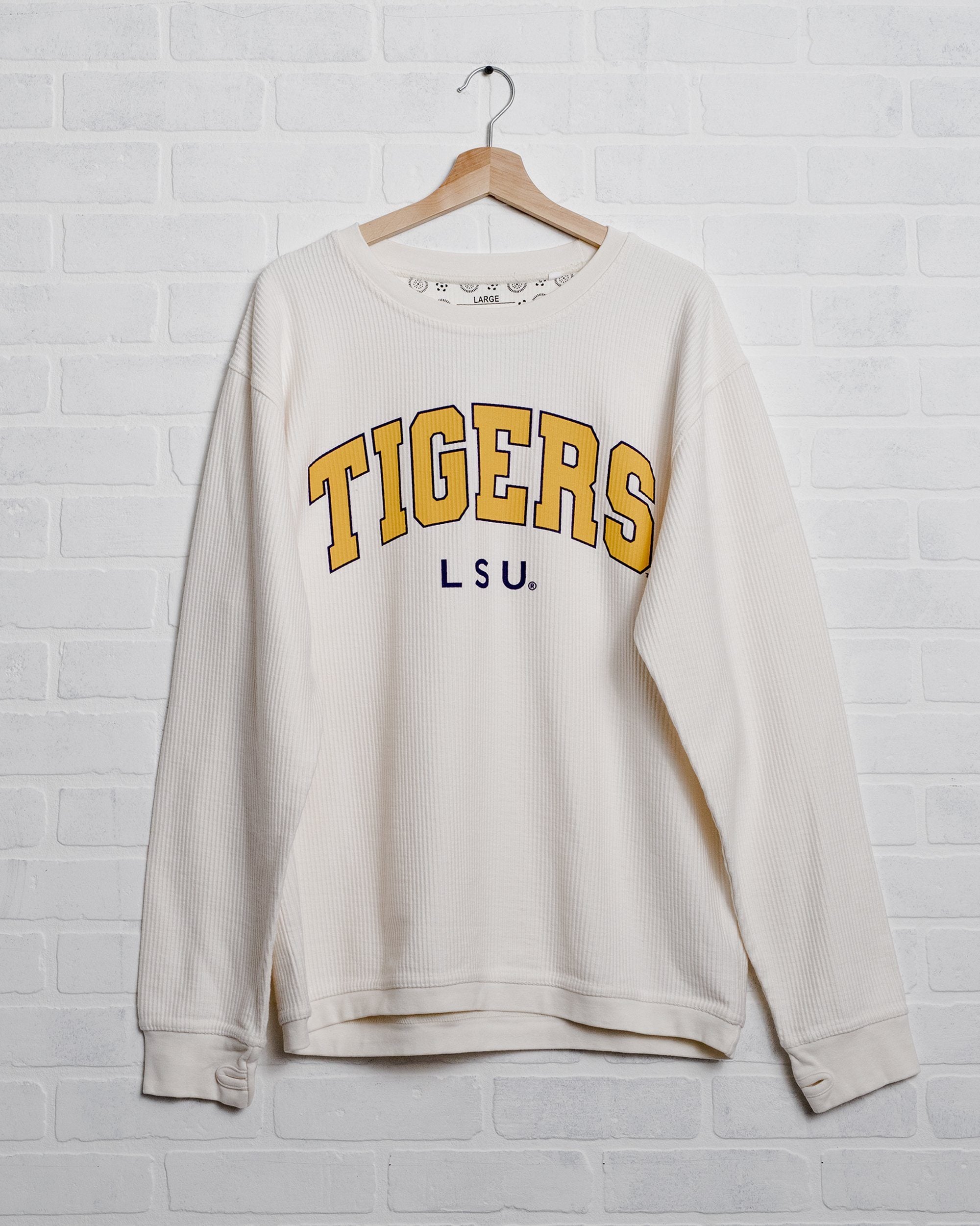 LSU Tigers Filled Gault Ivory Corded Crew Sweatshirt - shoplivylu