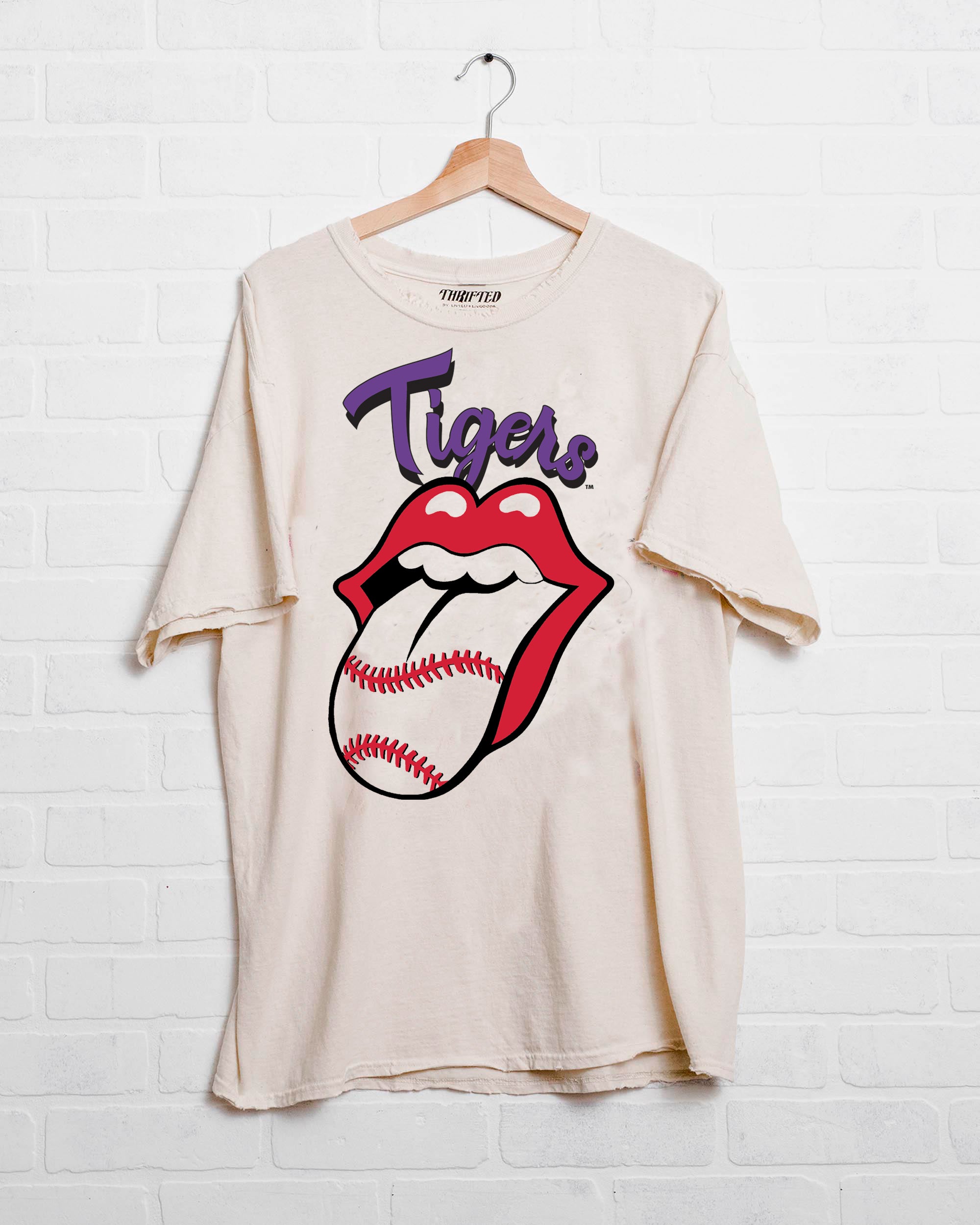 Rolling Stones LSU Tigers Baseball Lick Off White Thrifted Tee - shoplivylu