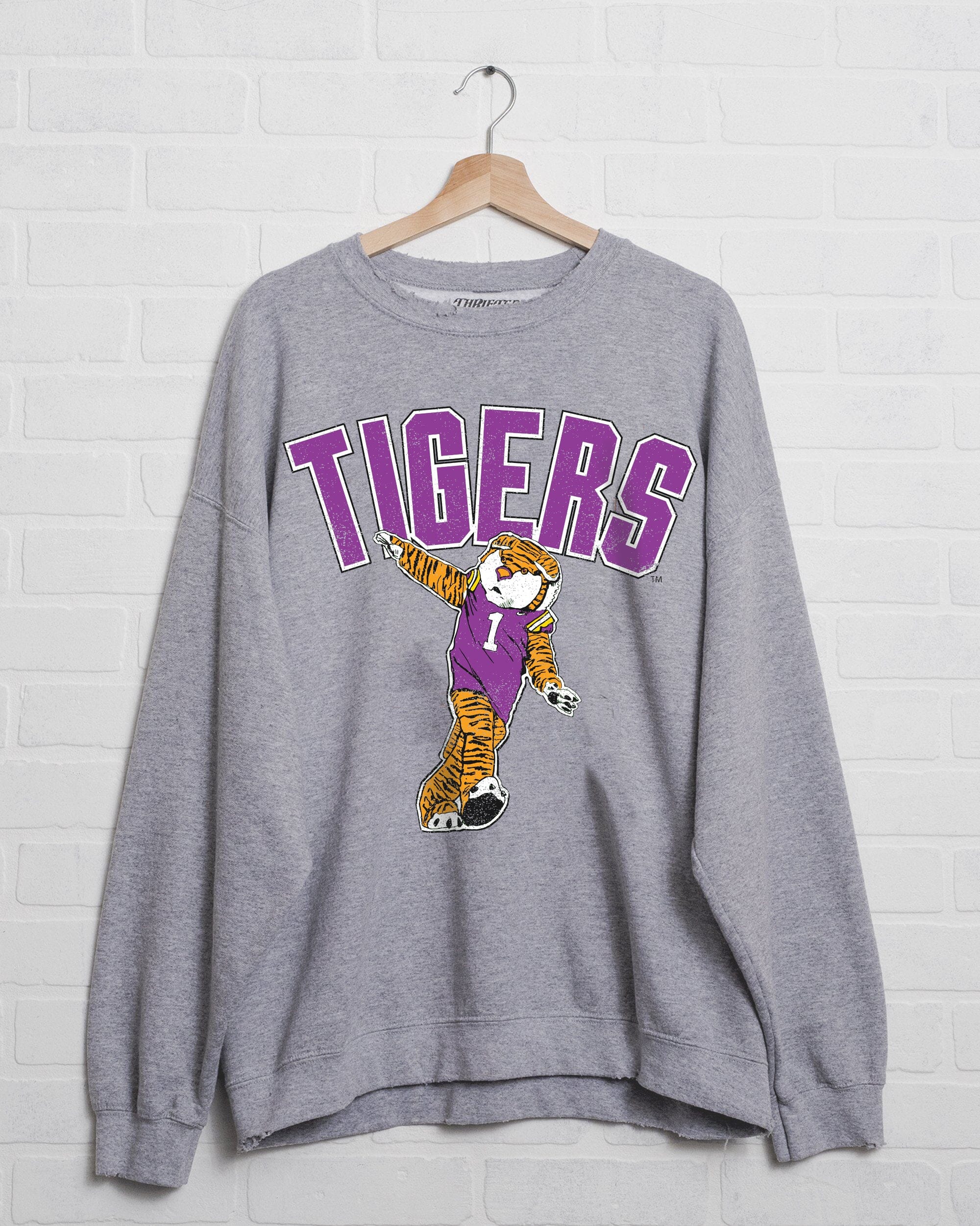 LSU Tigers Cartoon Mascot Gray Thrifted Sweatshirt - shoplivylu