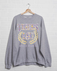 LSU Tigers Plaid Crest Gray Thrifted Sweatshirt - shoplivylu