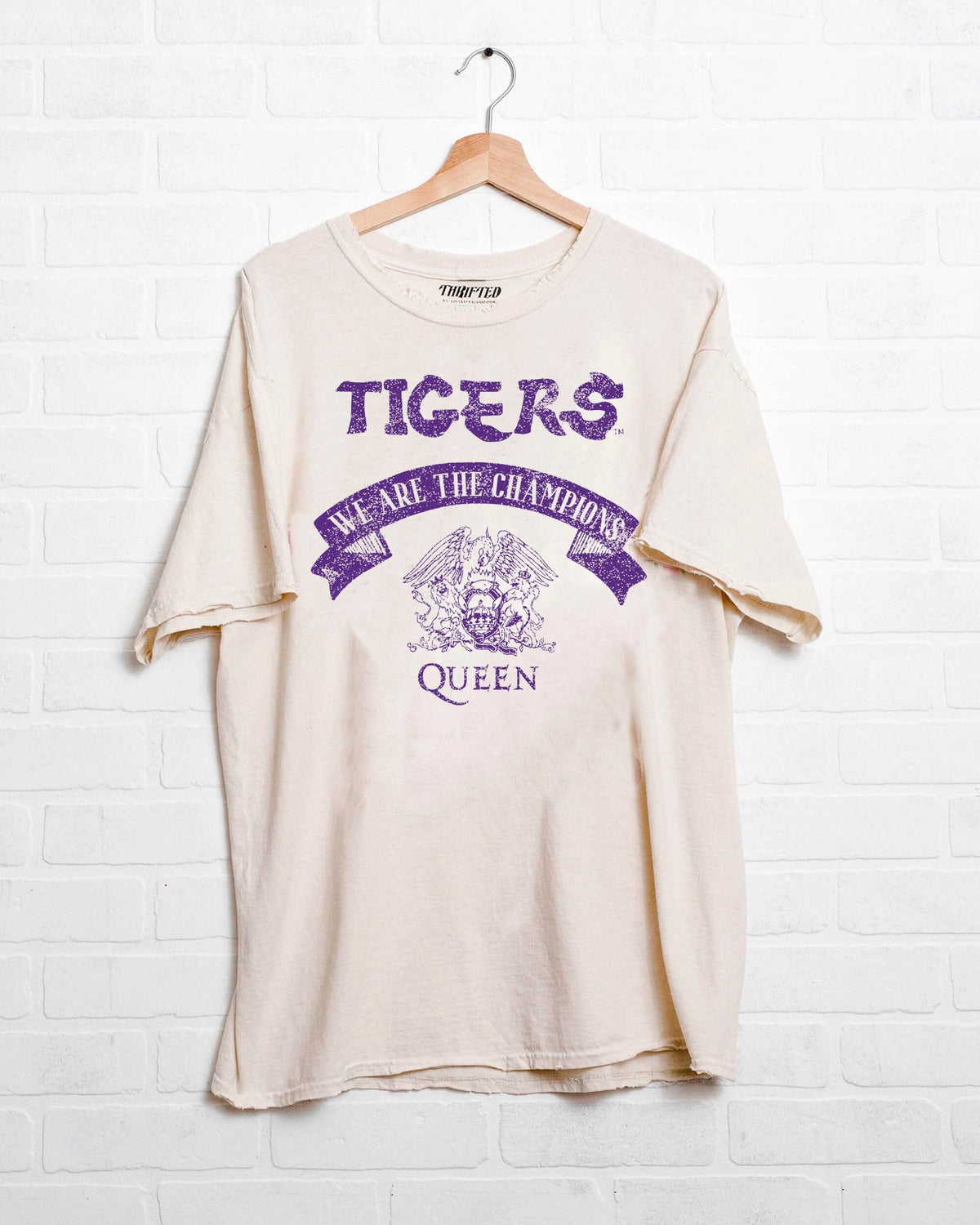 Queen LSU Tigers Champions Scroll Off White Thrifted Tee