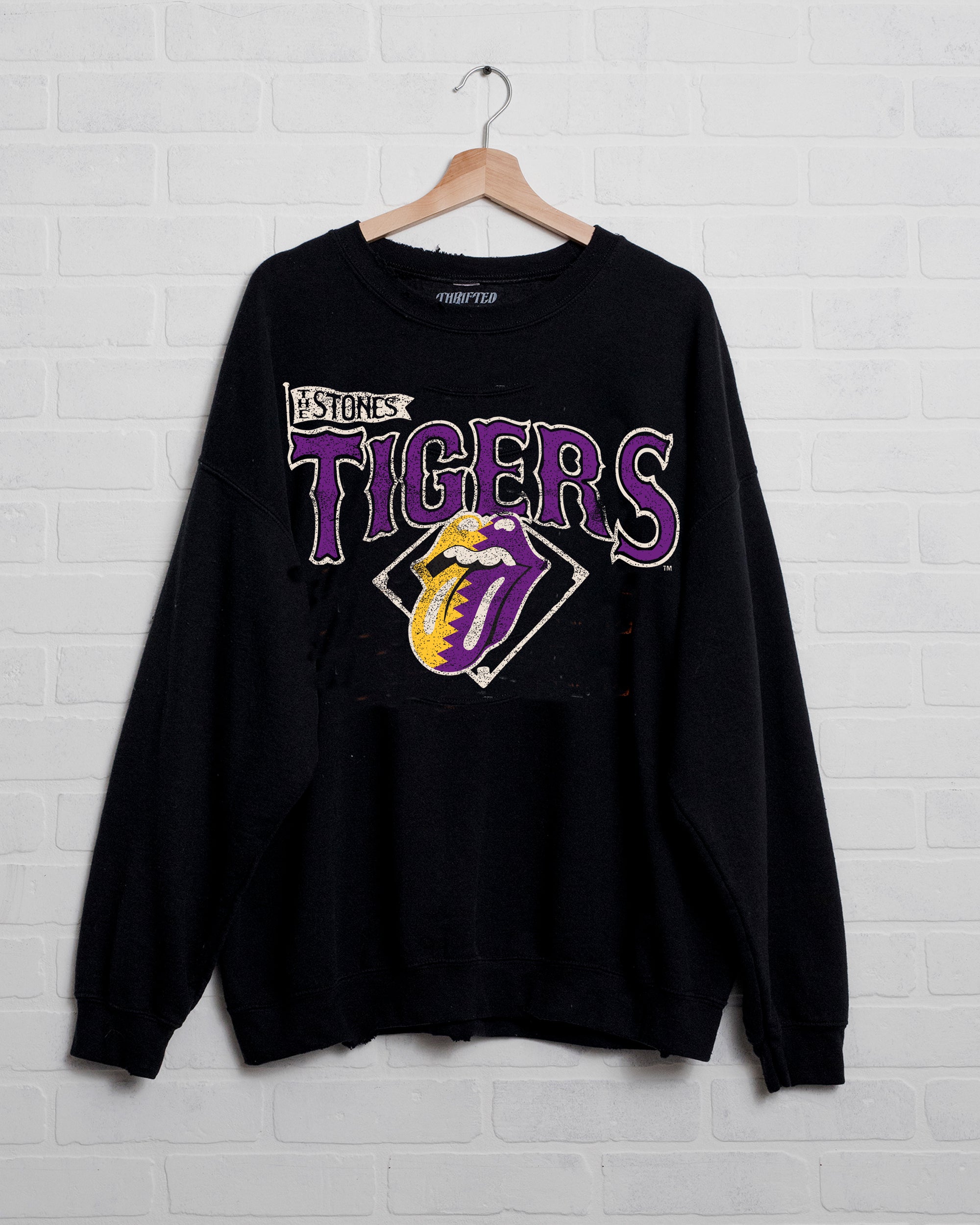 Rolling Stones LSU Tigers Baseball Diamond Black Thrifted Sweatshirt - shoplivylu