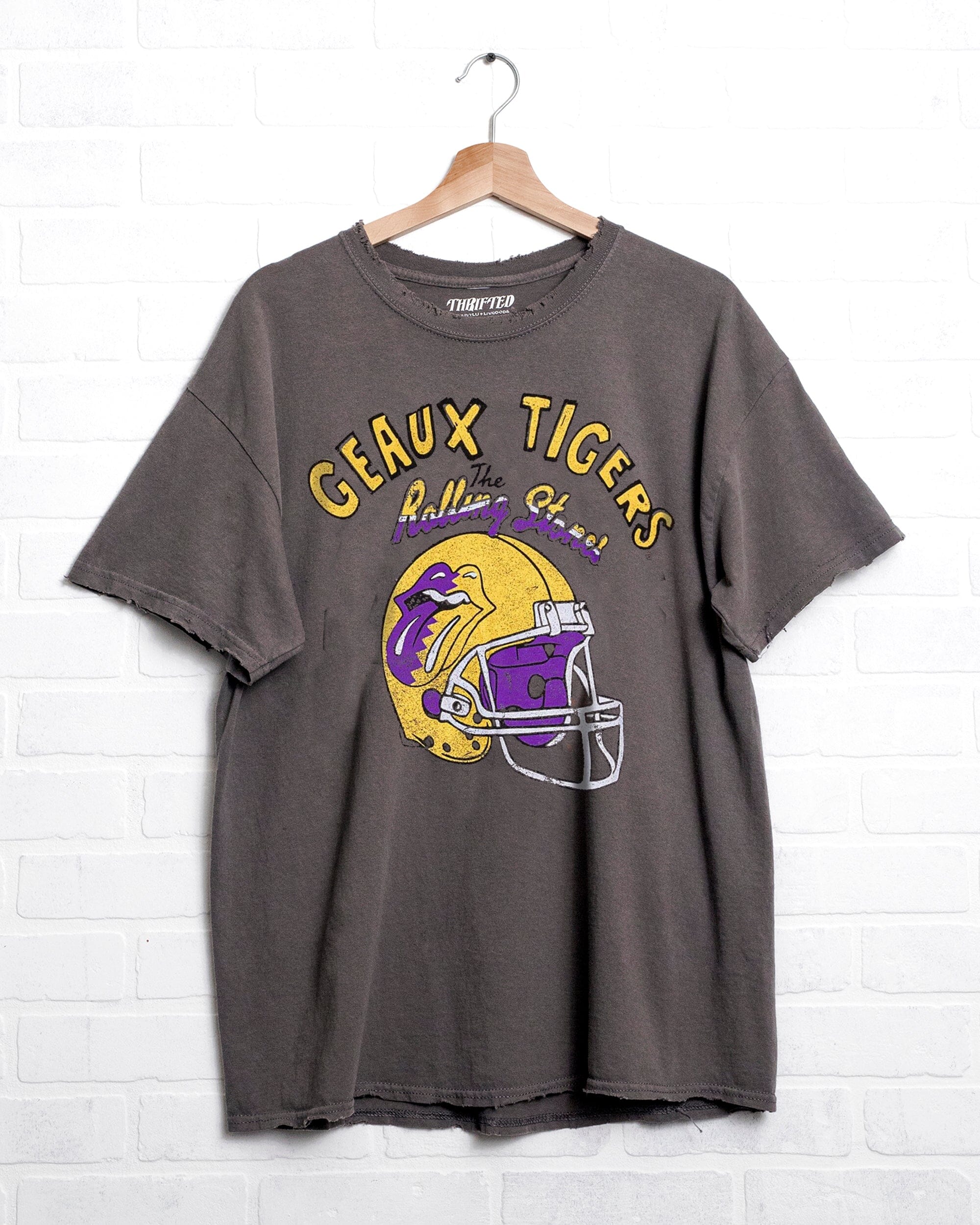 Rolling Stones LSU Tigers Helmet Lick Charcoal Thrifted Tee