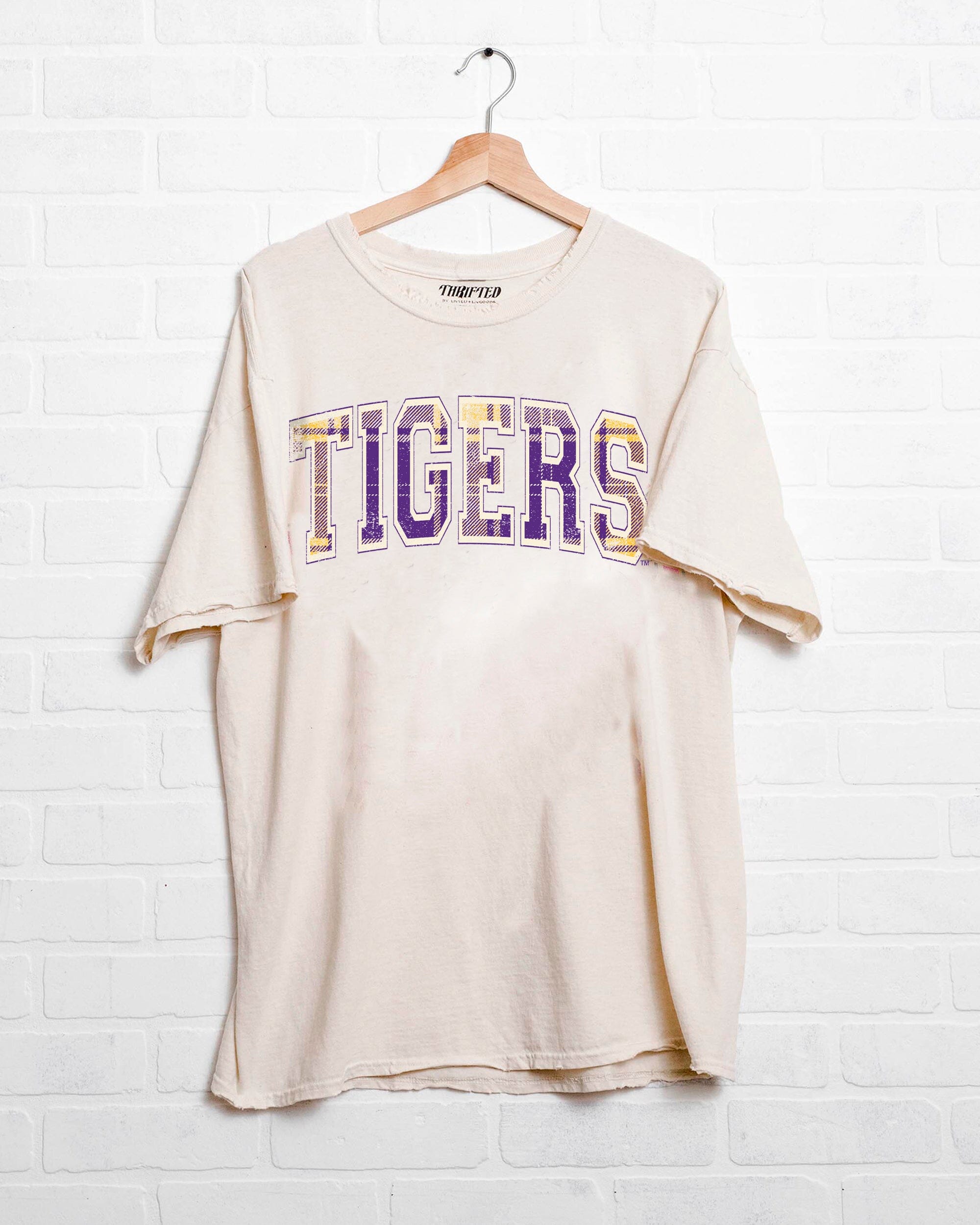 LSU Tigers Tartan Off White Thrifted Tee - shoplivylu