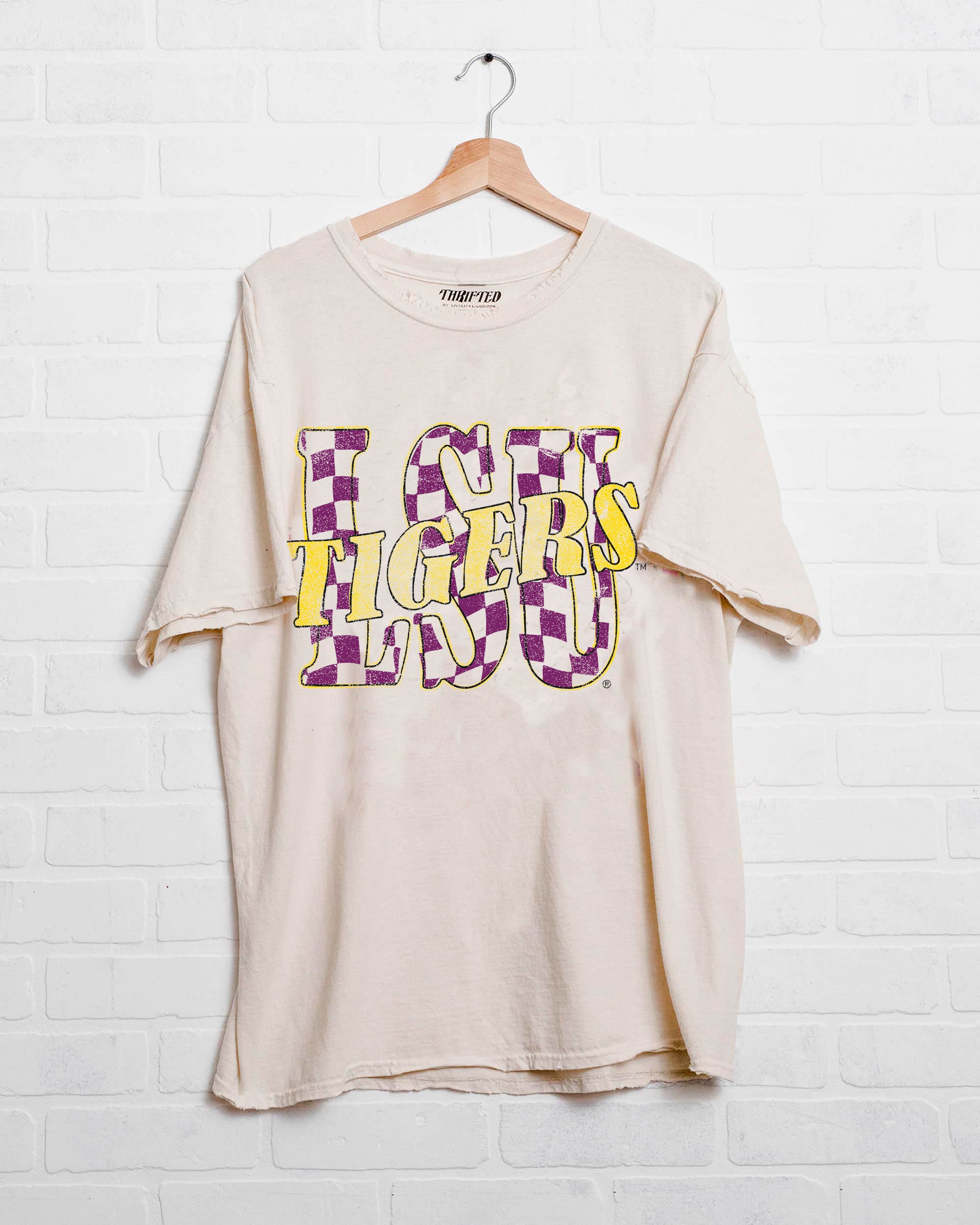 LSU Tigers Twisted Check Off White Thrifted Tee - shoplivylu