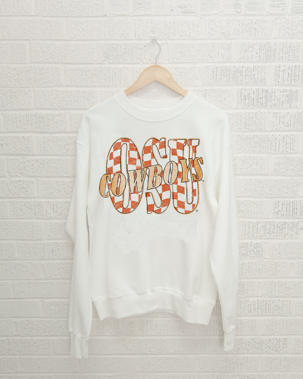 OSU Cowboys Twisted Check White Thrifted Sweatshirt - shoplivylu