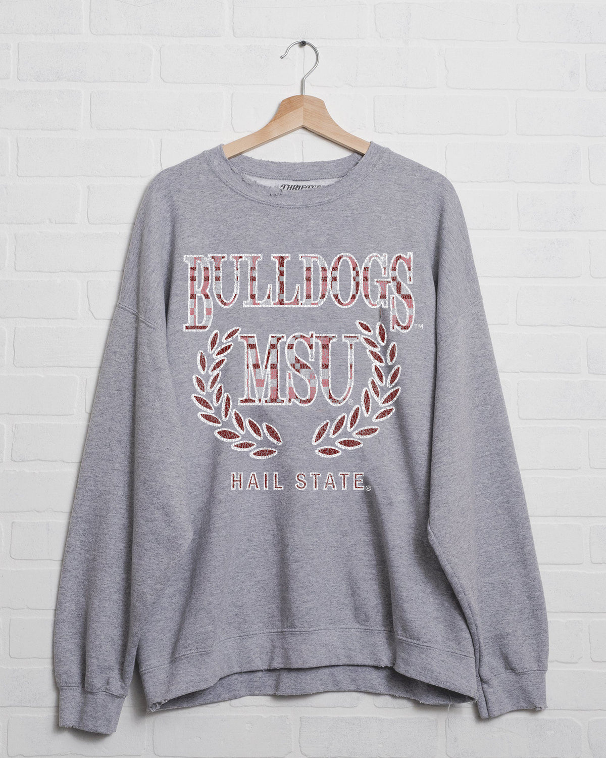 MSU Bulldogs Plaid Crest Gray Thrifted Sweatshirt - shoplivylu