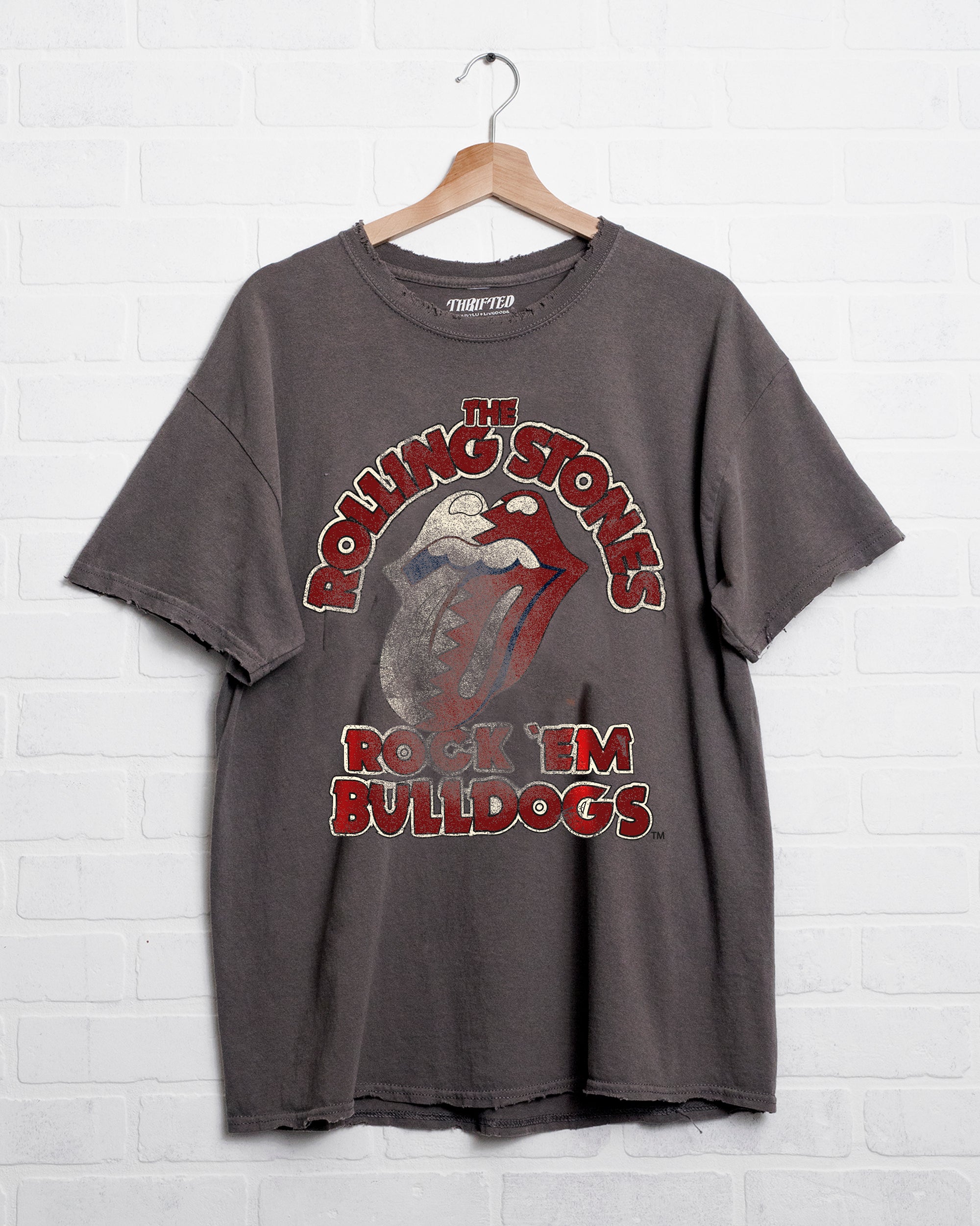 Rolling Stones Rock 'Em MSU Bulldogs Charcoal Thrifted Tee - shoplivylu