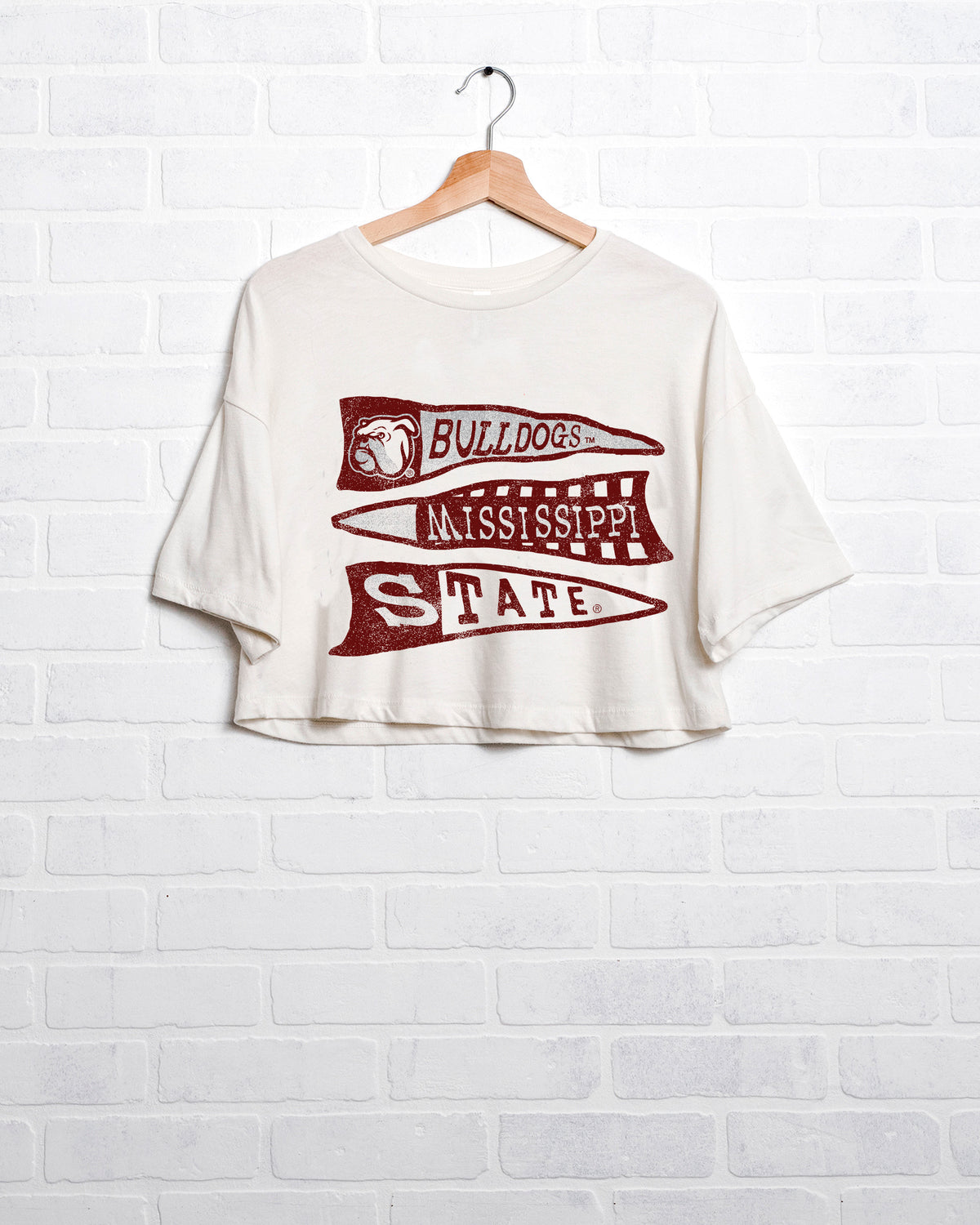 Mississippi State Bulldogs Pennant White Cropped Tee - shoplivylu