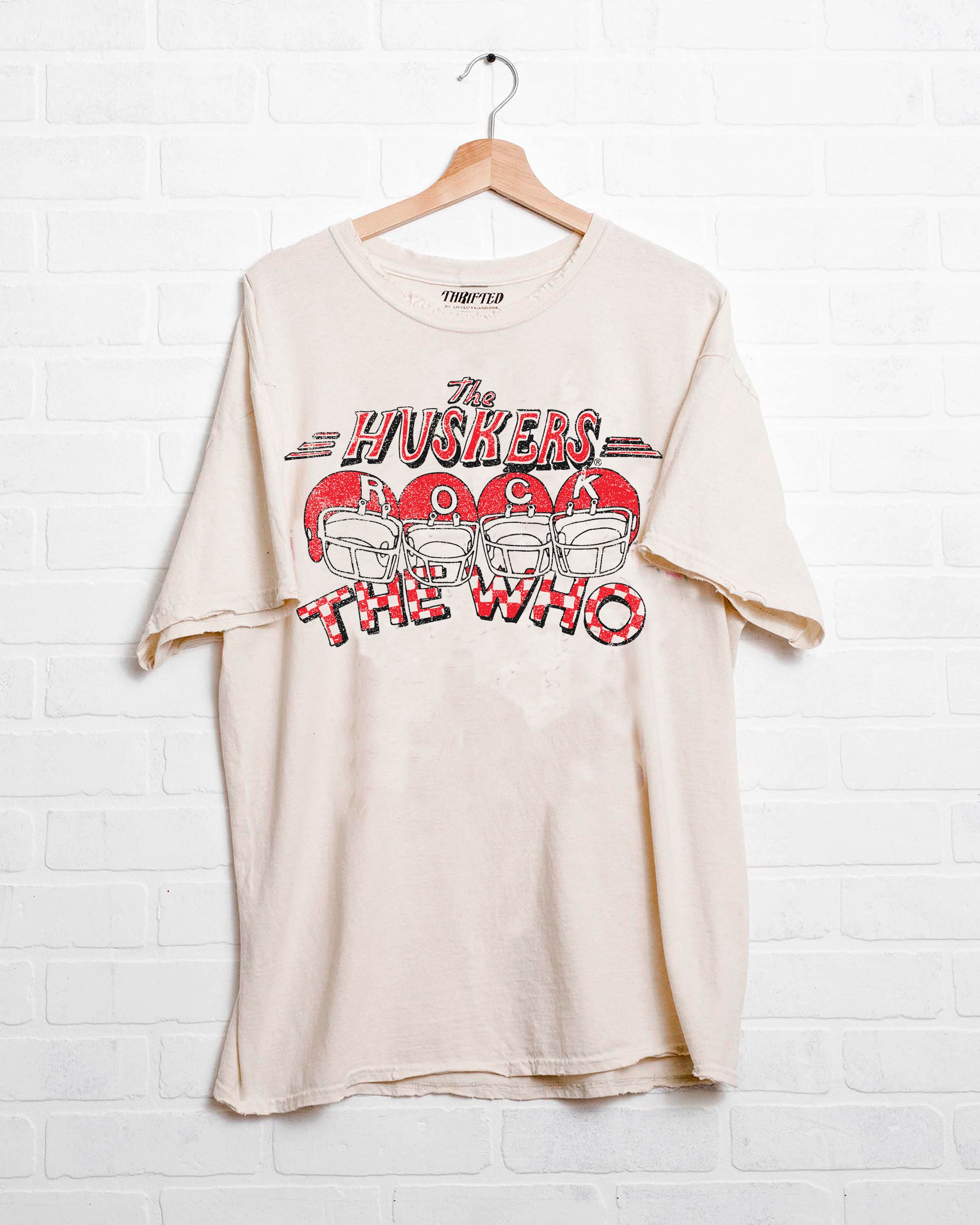 The Who Huskers Rock Off White Thrifted Tee - shoplivylu