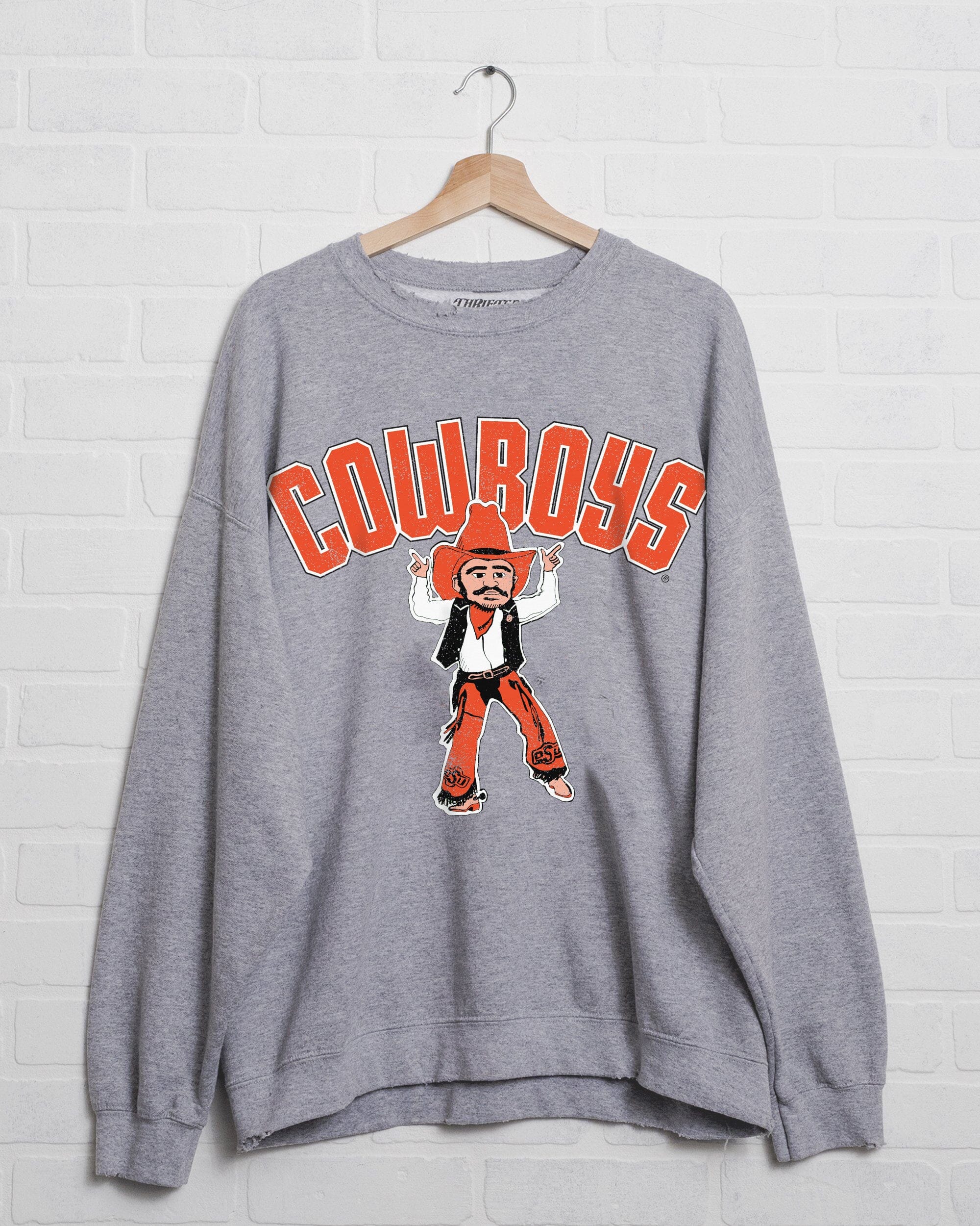 OSU Cowboys Cartoon Mascot Gray Thrifted Sweatshirt - shoplivylu