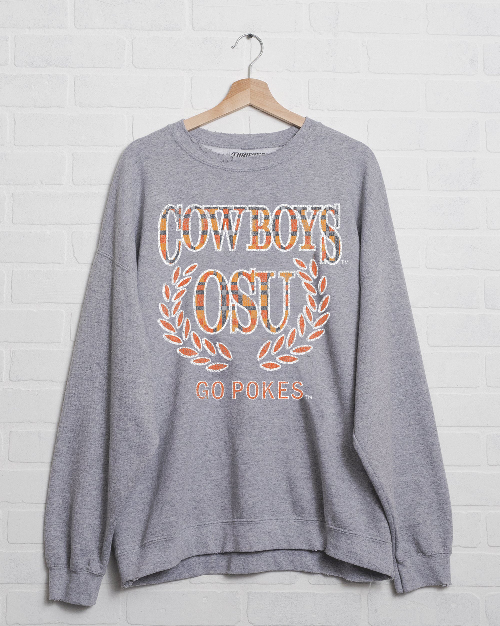 OSU Cowboys Plaid Crest Gray Thrifted Sweatshirt - shoplivylu