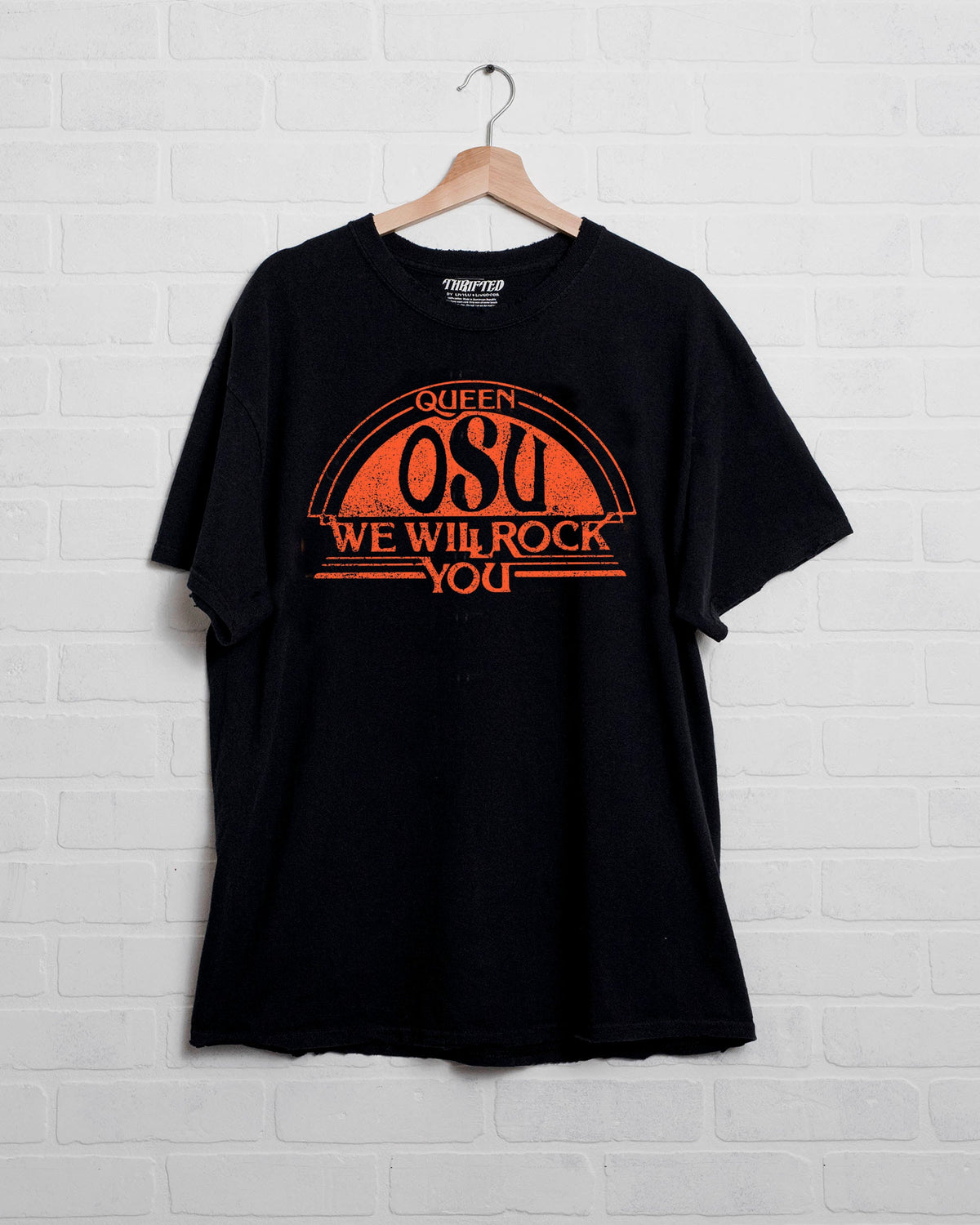 Queen OSU Cowboys Will Rock You Black Thrifted Tee - shoplivylu